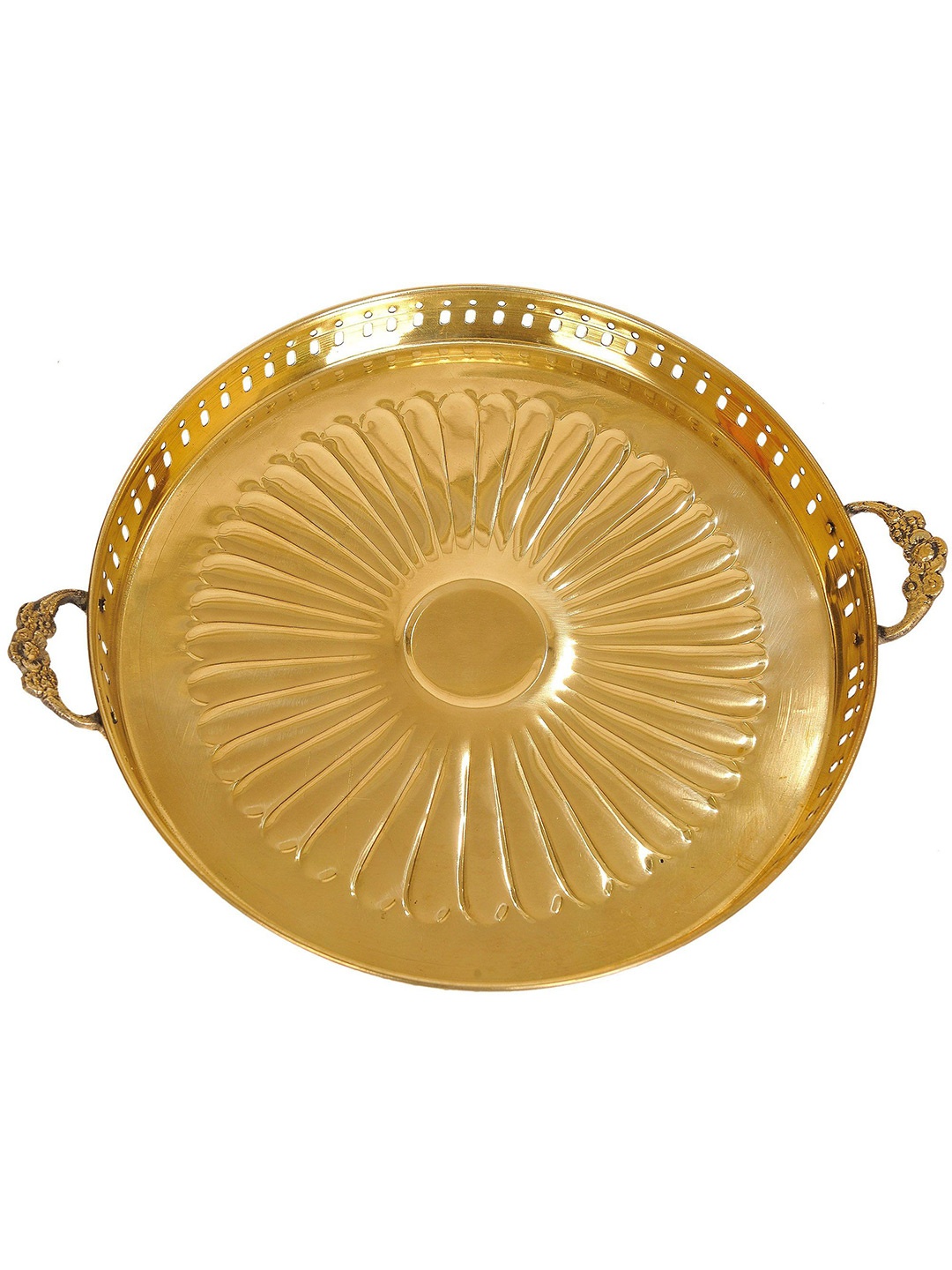 

Exotic India Brass Round Pooja Thali With Handle, Gold