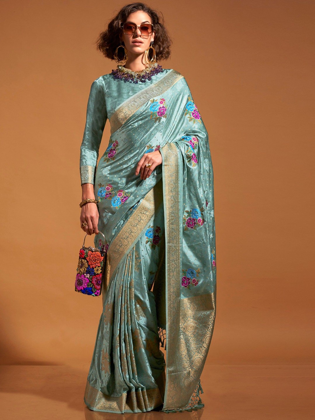

MySilkLove Floral Zari Satin Saree, Blue