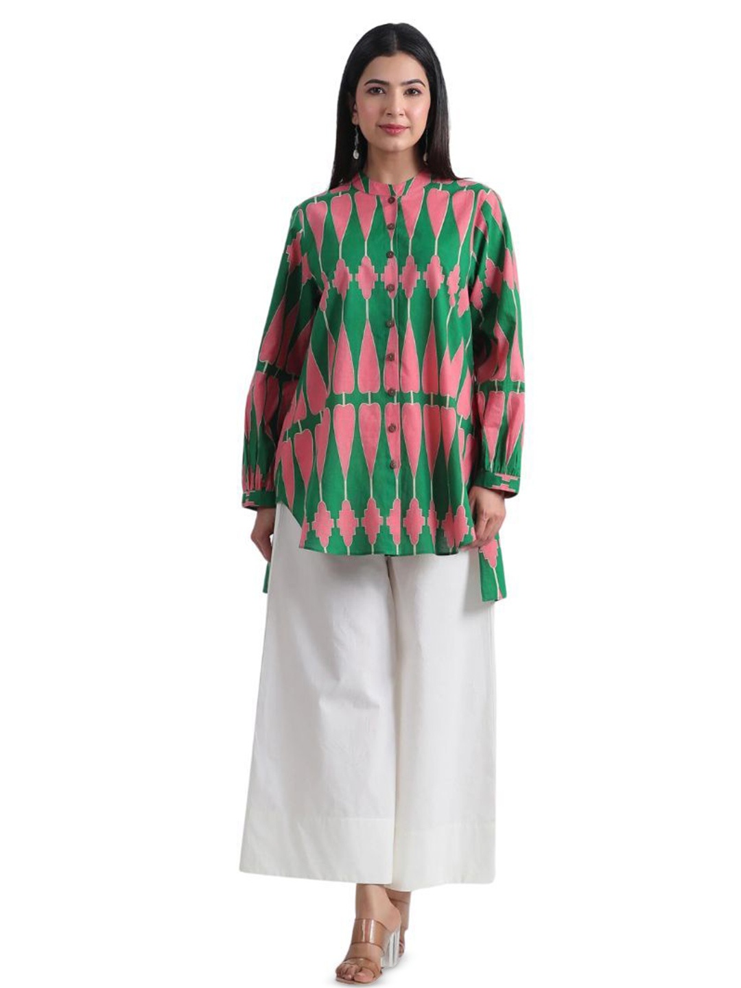 

JAIPURRANG Geometric Print Mandarin Collar Cotton Peplum Top, Green
