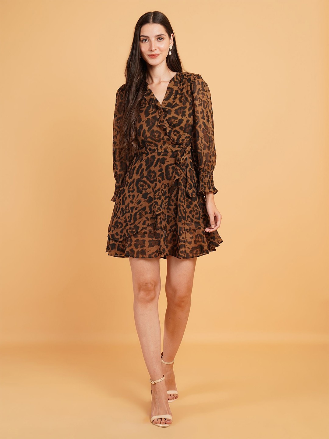 

IX IMPRESSION Animal Print Ruffled Crepe A-Line Dress, Brown