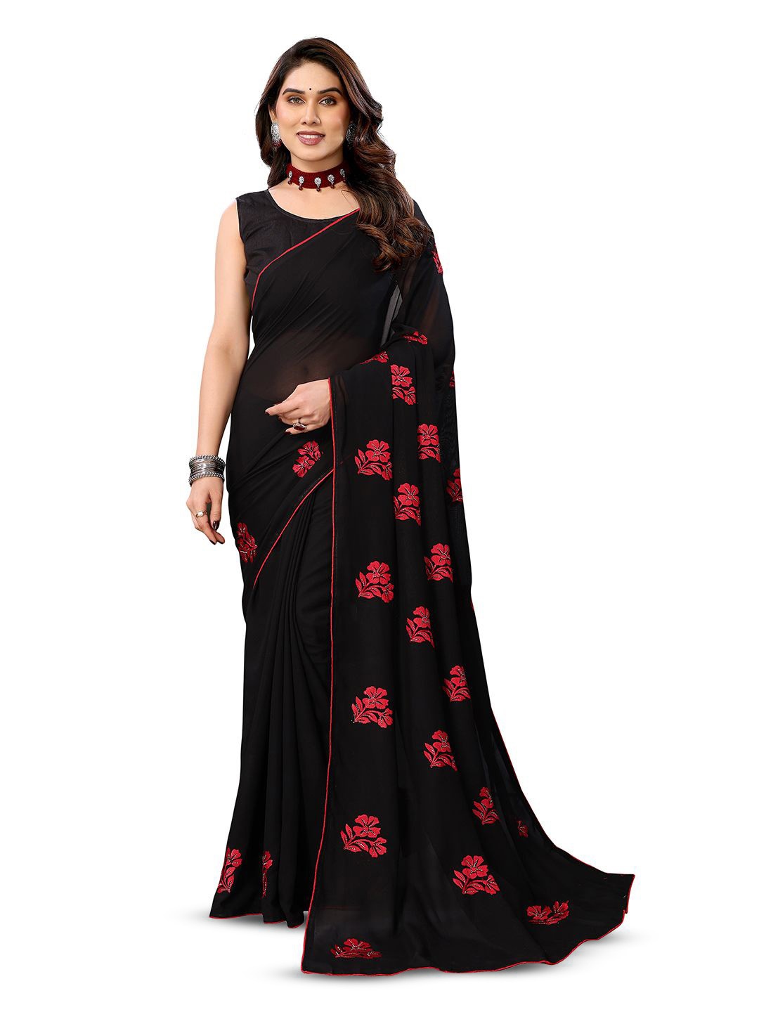 

ANAND SAREES Floral Poly Chiffon Heavy Work Saree, Black
