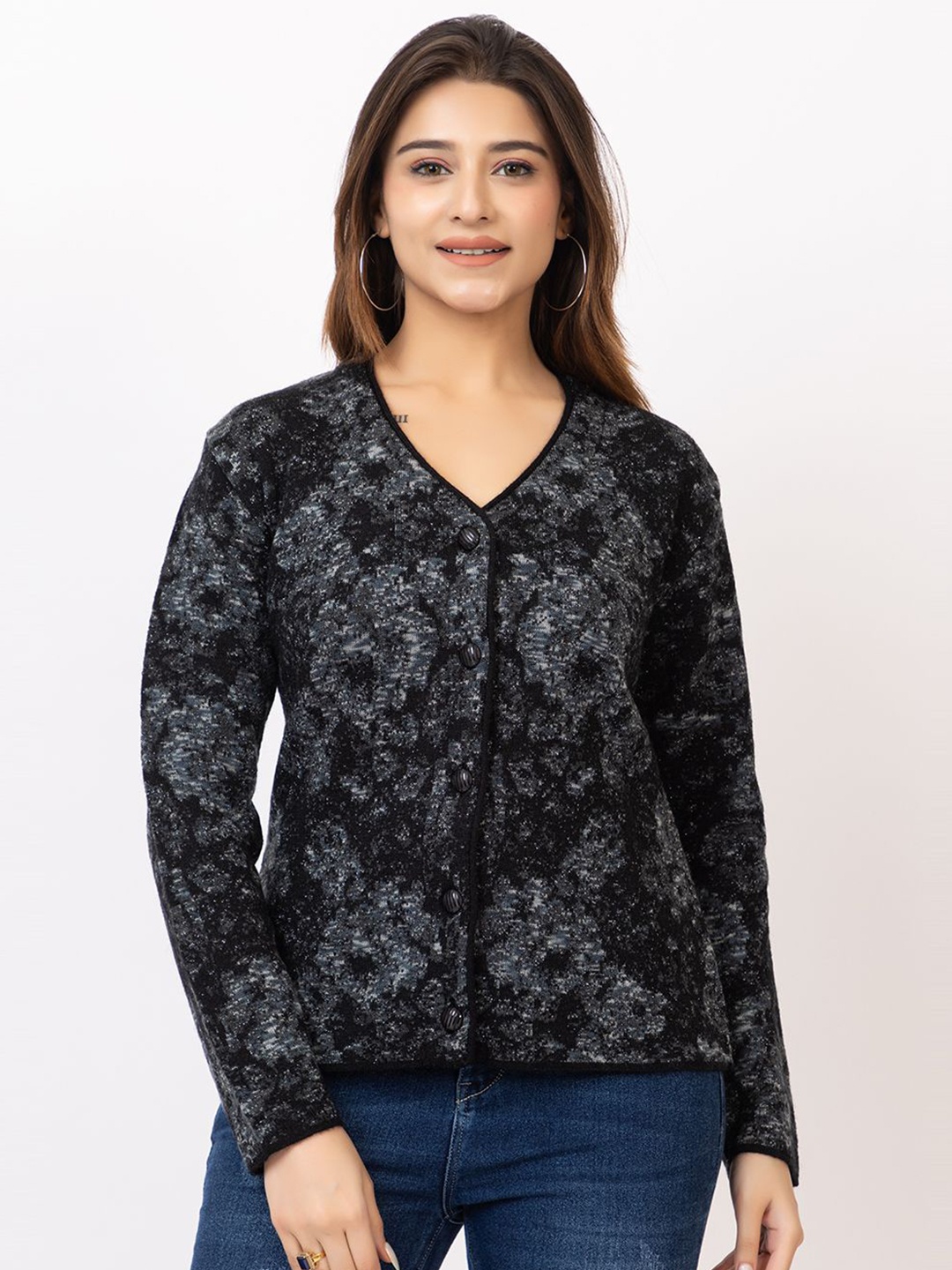 

TWENTY ME Women Floral Woollen Cardigan, Black