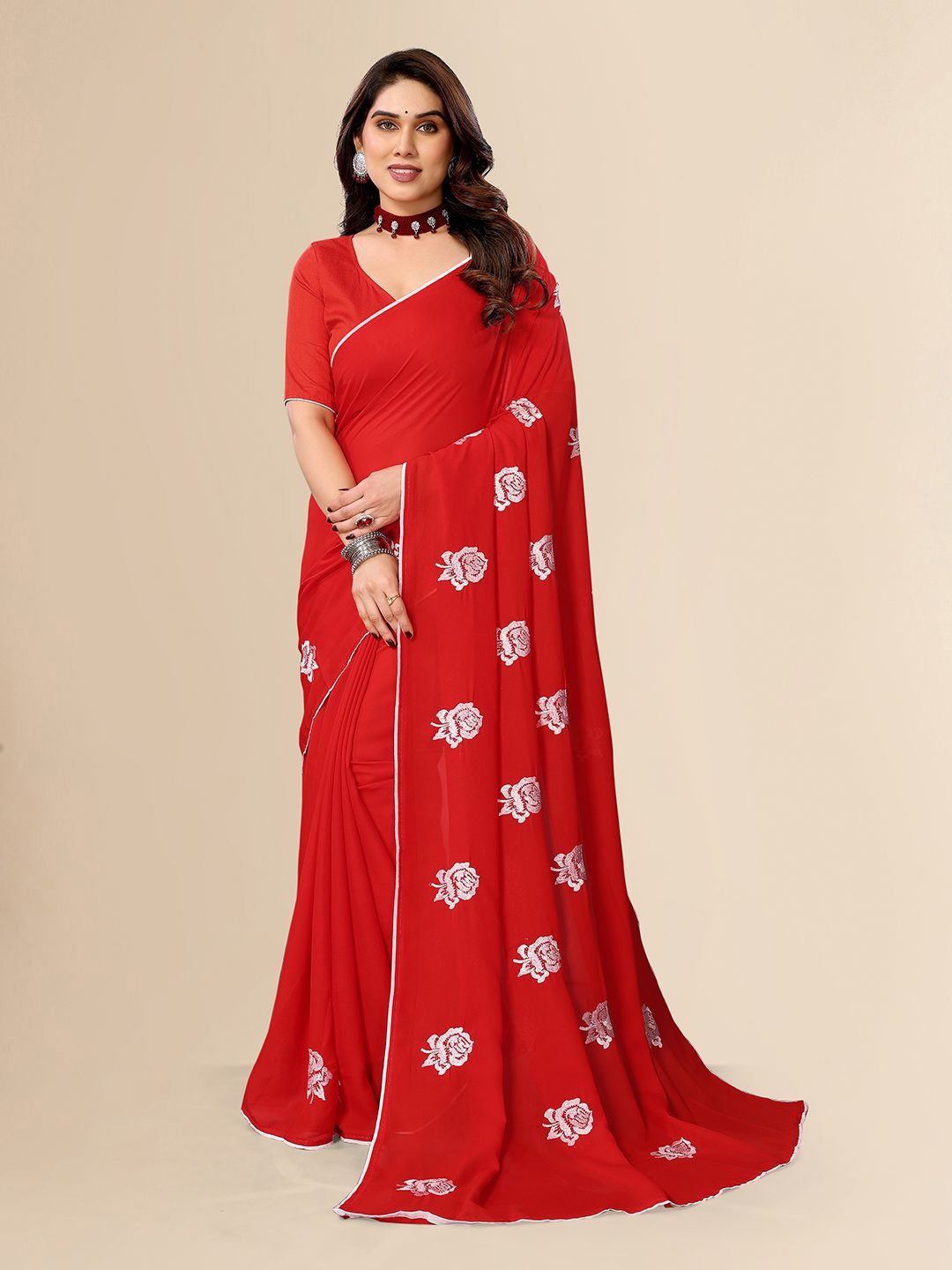 

ANAND SAREES Embellished Embroidered Poly Chiffon Heavy Work Saree, Red