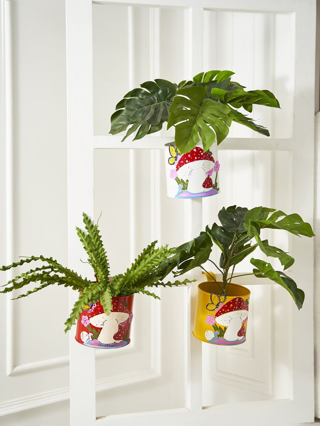 

DecorTwist 3Pcs Yello & White Printed Metal Hanging Planters, Yellow