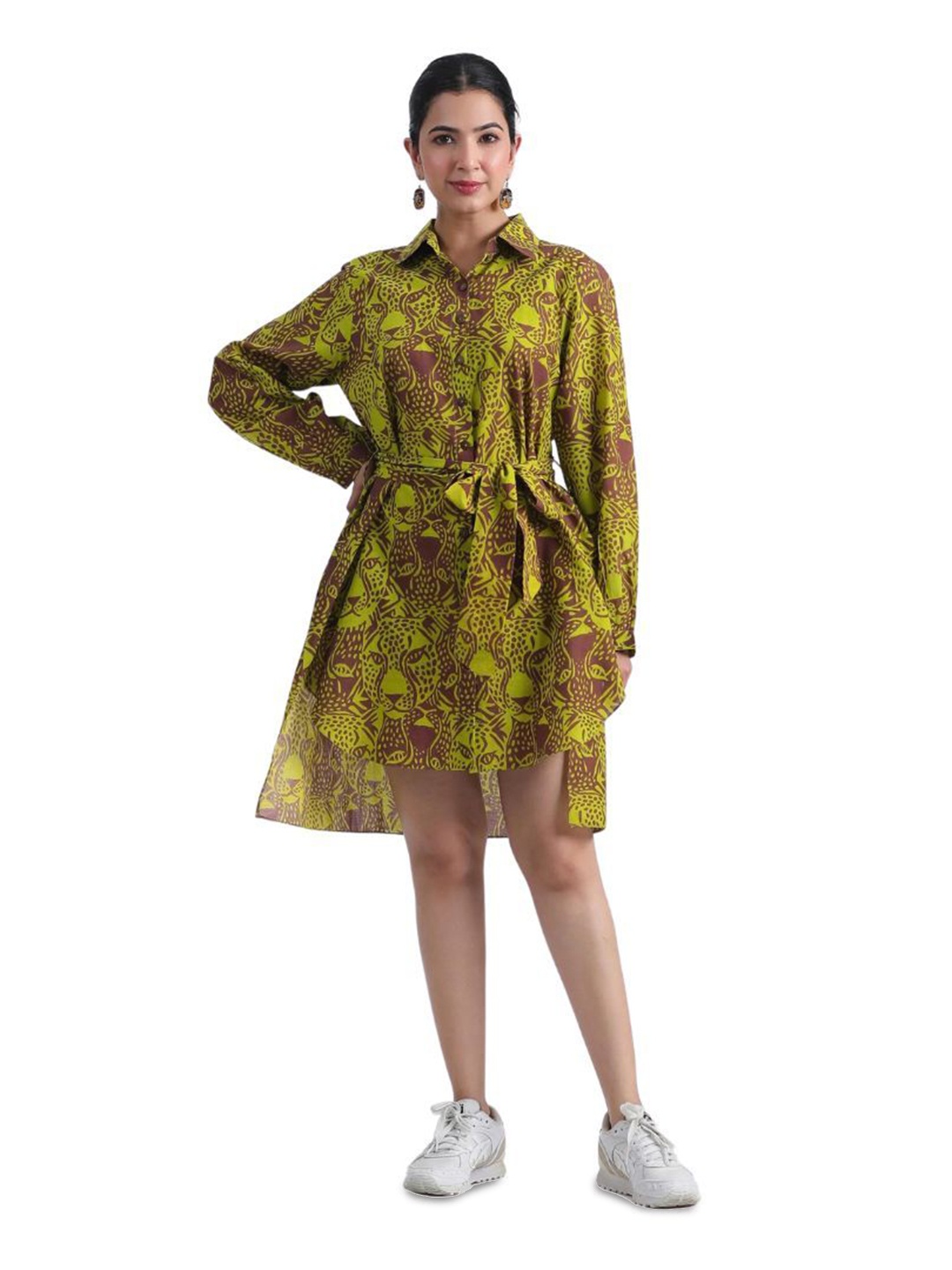 

JAIPURRANG Women Tiger Printed Cotton Shirt Dress, Green