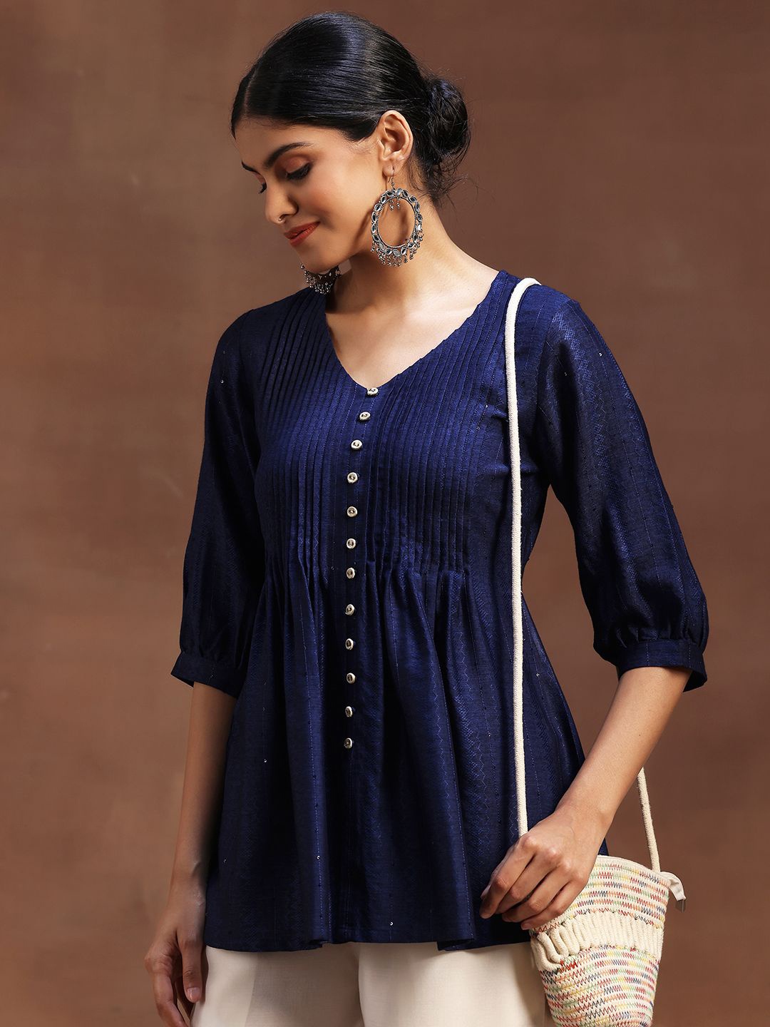 

Libas Ethnic Motifs Woven Design V-Neck Pleated Kurti, Blue