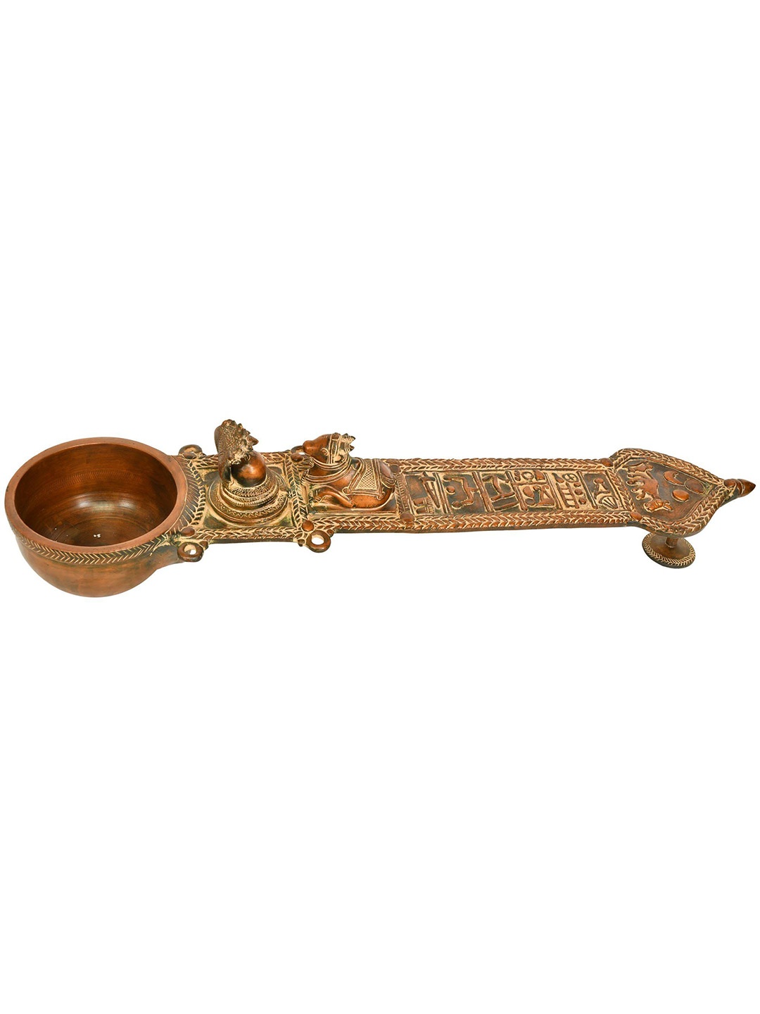 

Exotic India 23" Large Size Ritual Spoon (Uddharani) with Figures of Nandi and Shiva Linga, Brown