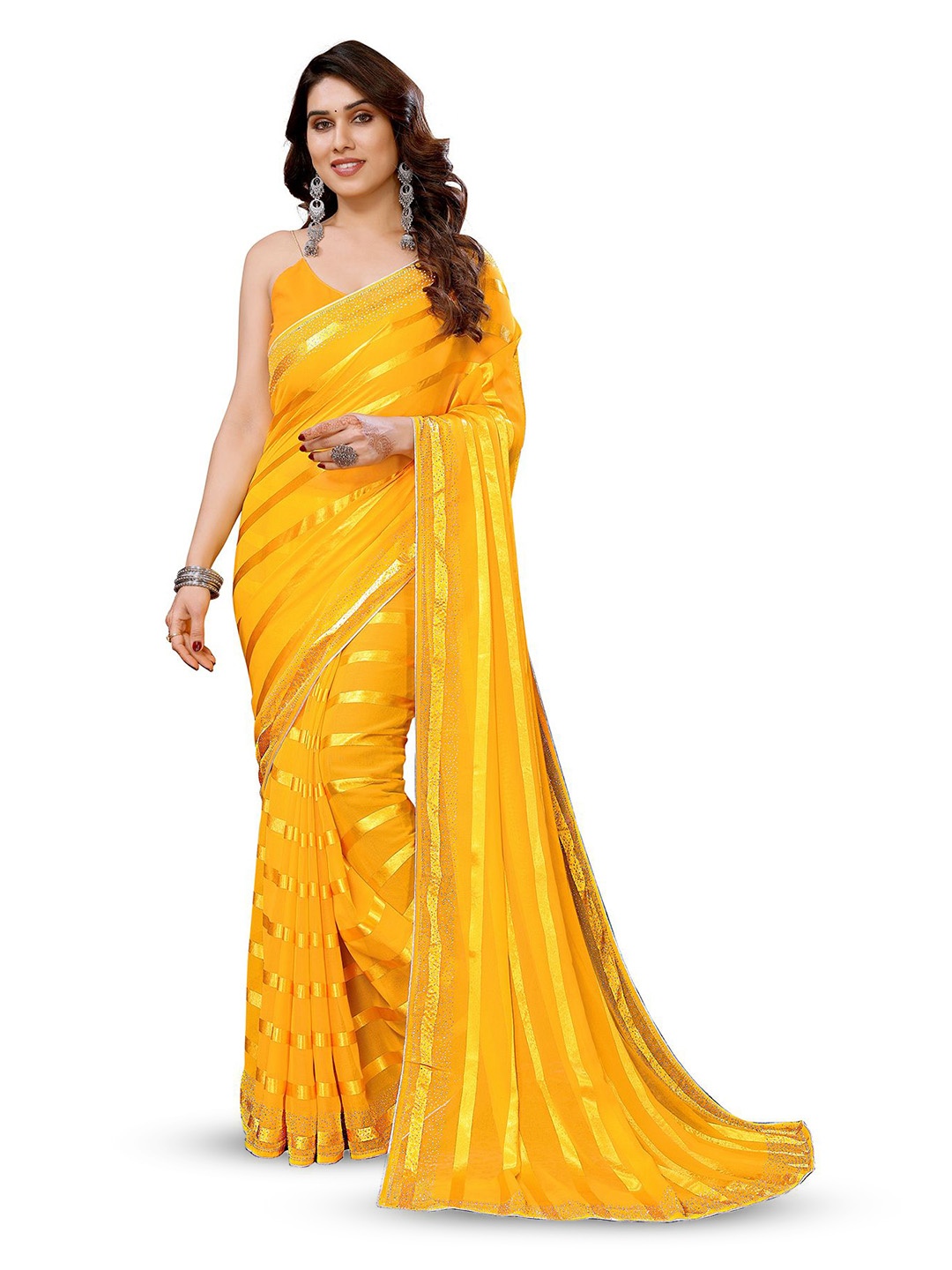 

ANAND SAREES Striped Beads and Stones Satin Ready to Wear Saree, Yellow