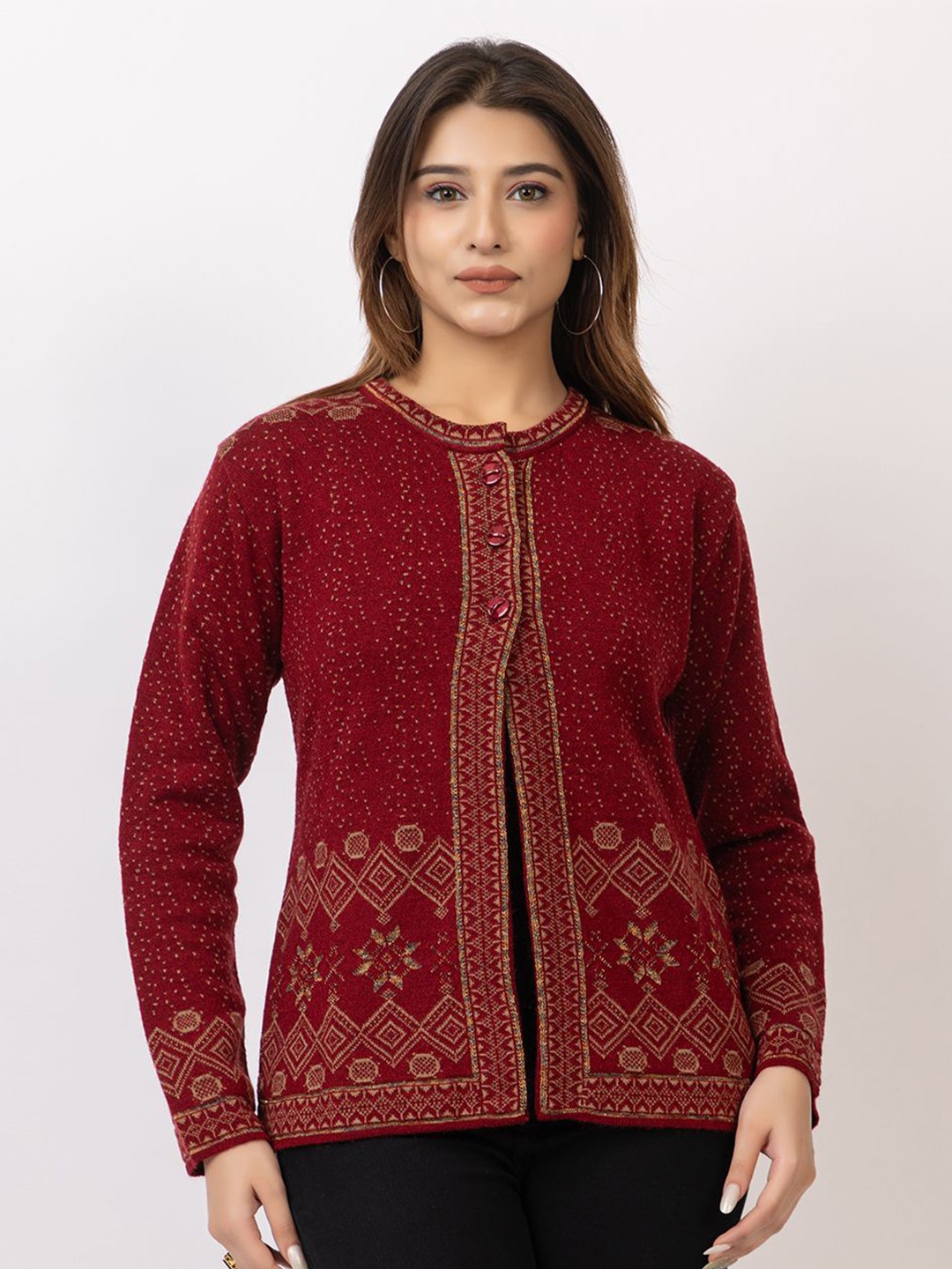 

TWENTY ME Women Embroidered Woollen Cardigan with Embroidered Detail, Maroon