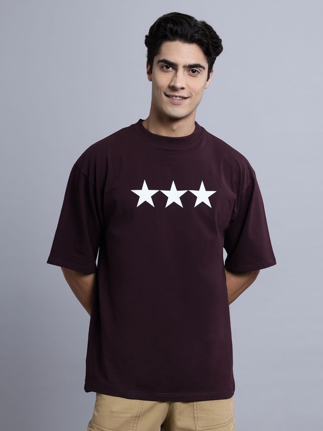 

N AND J Men Solid Round Neck Oversized T-shirt, Brown