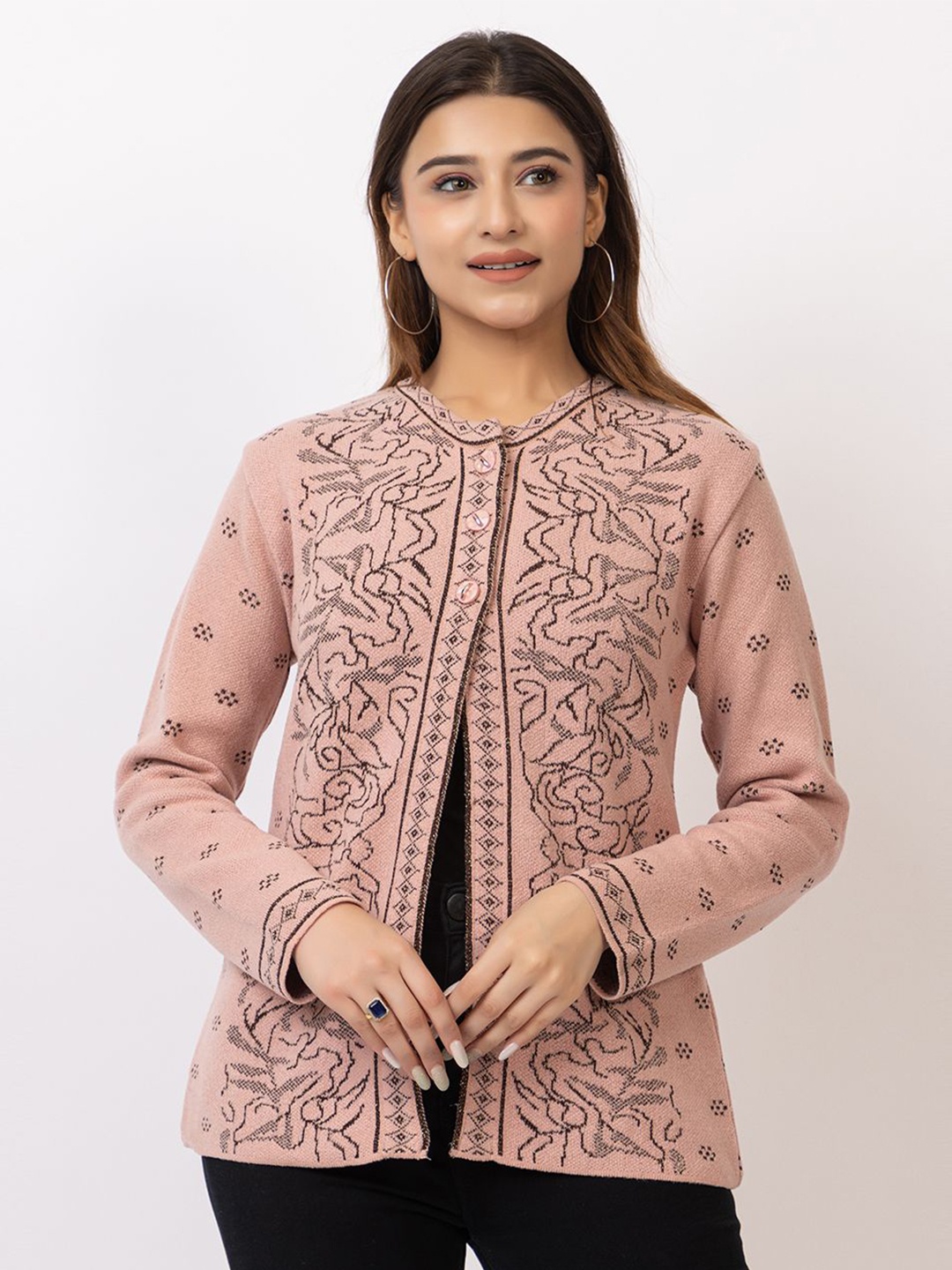 

TWENTY ME Women Embroidered Woollen Cardigan with Embroidered Detail, Pink