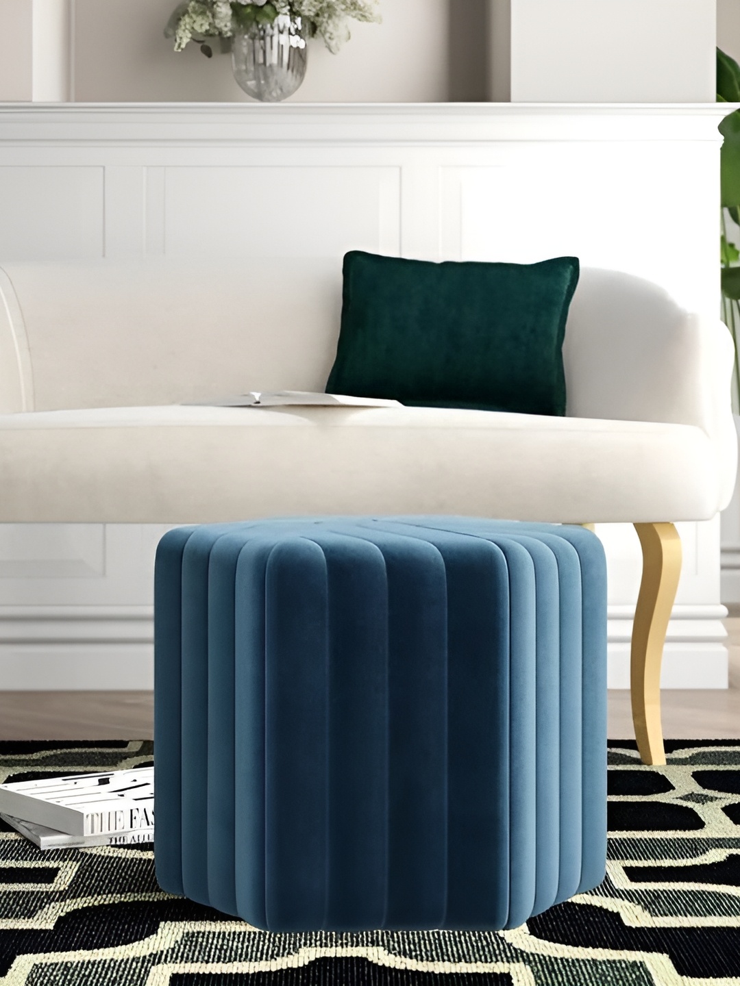 

Wooden Twist Blue Comfortable Cushion Hexagonal Ottoman Stool