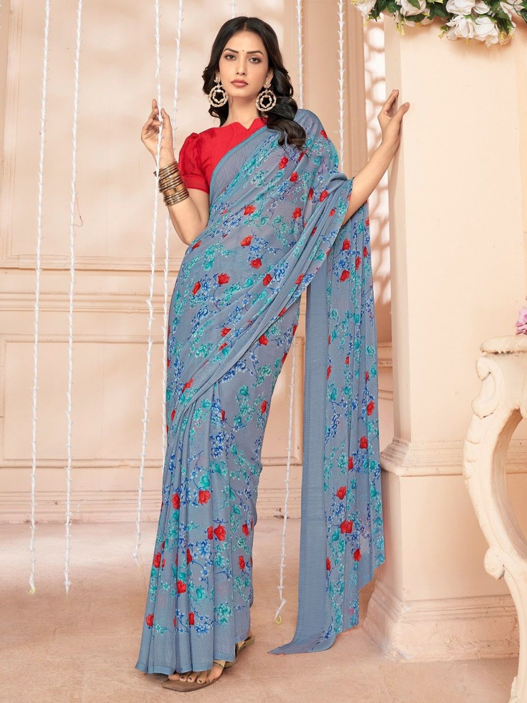 

Reboot Fashions Floral Pure Chiffon Saree, Blue