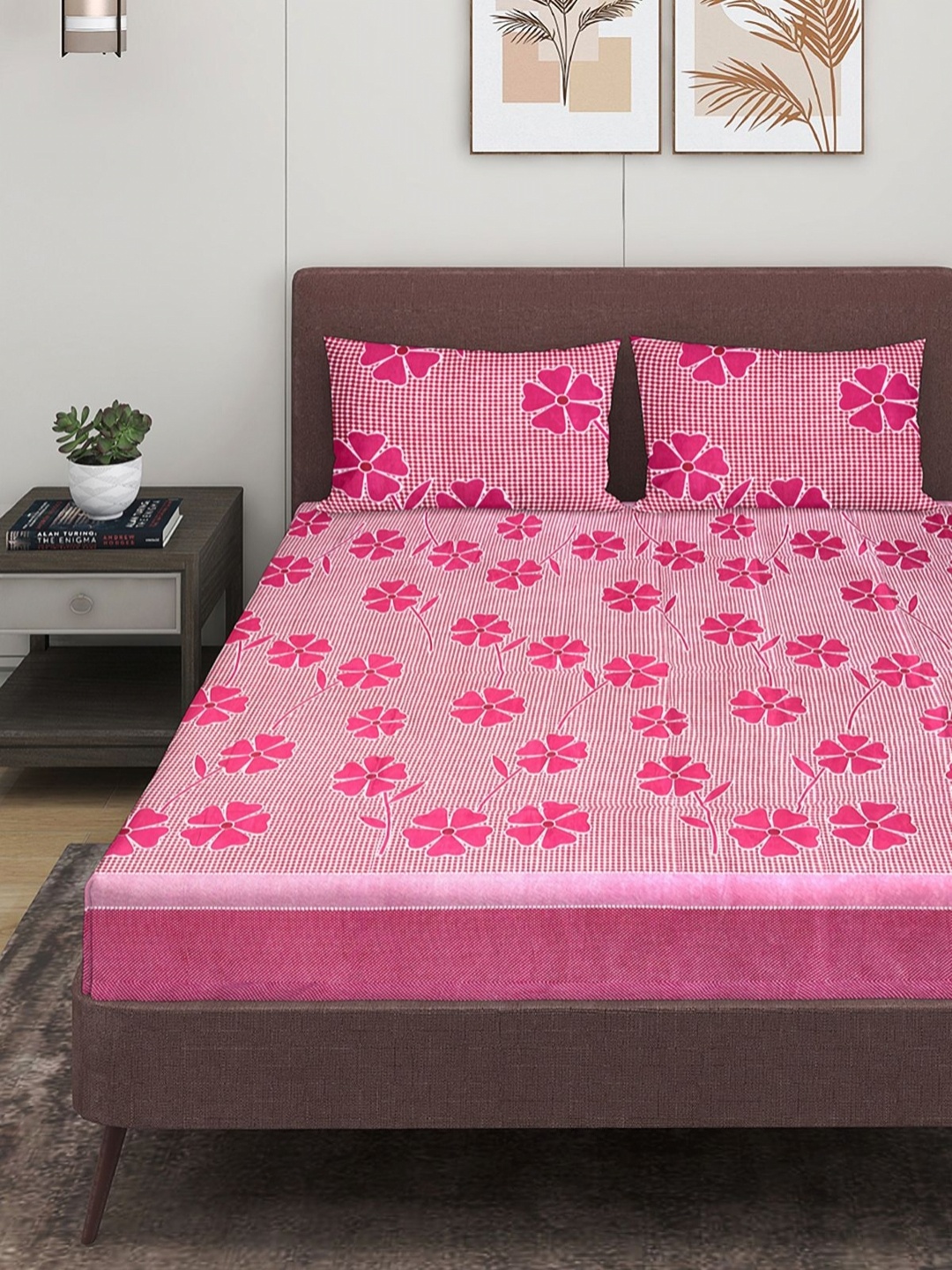 

Myntra Elegant Homes Pink & White Floral 160 TC Queen Bedsheet with 2 Pillow Covers