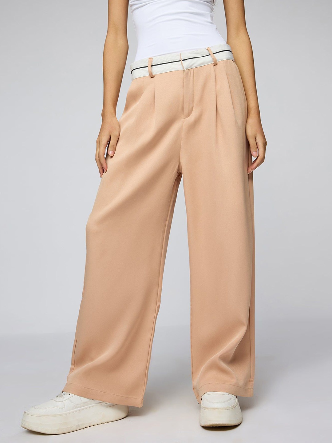 

FREAKINS Muted Peach Contrast Waist Korean Pants, Pink