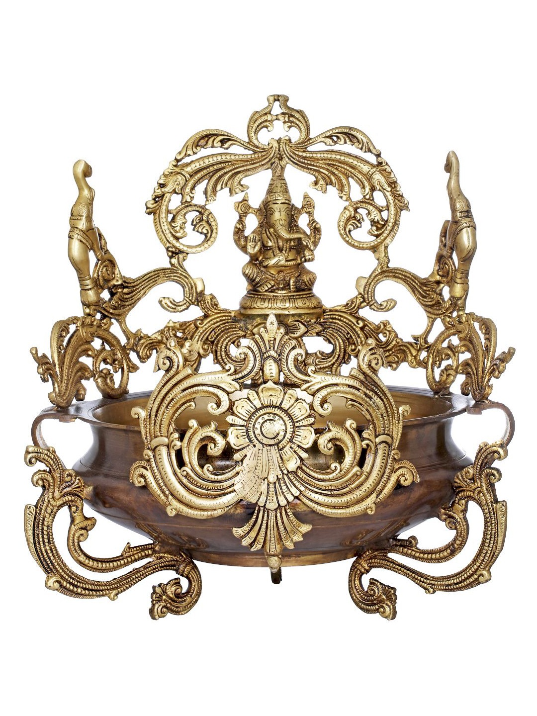 

Exotic India 15" Gaja Ganesha Auspicious Urli in Brass - Made in India, Yellow