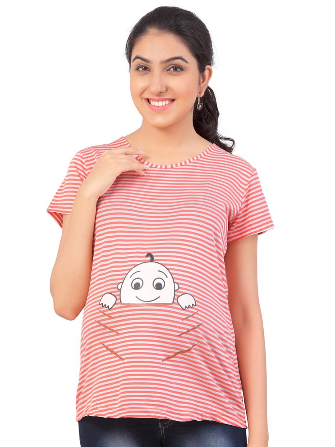 

Uzazi Women Striped Round Neck Cotton Top, Pink