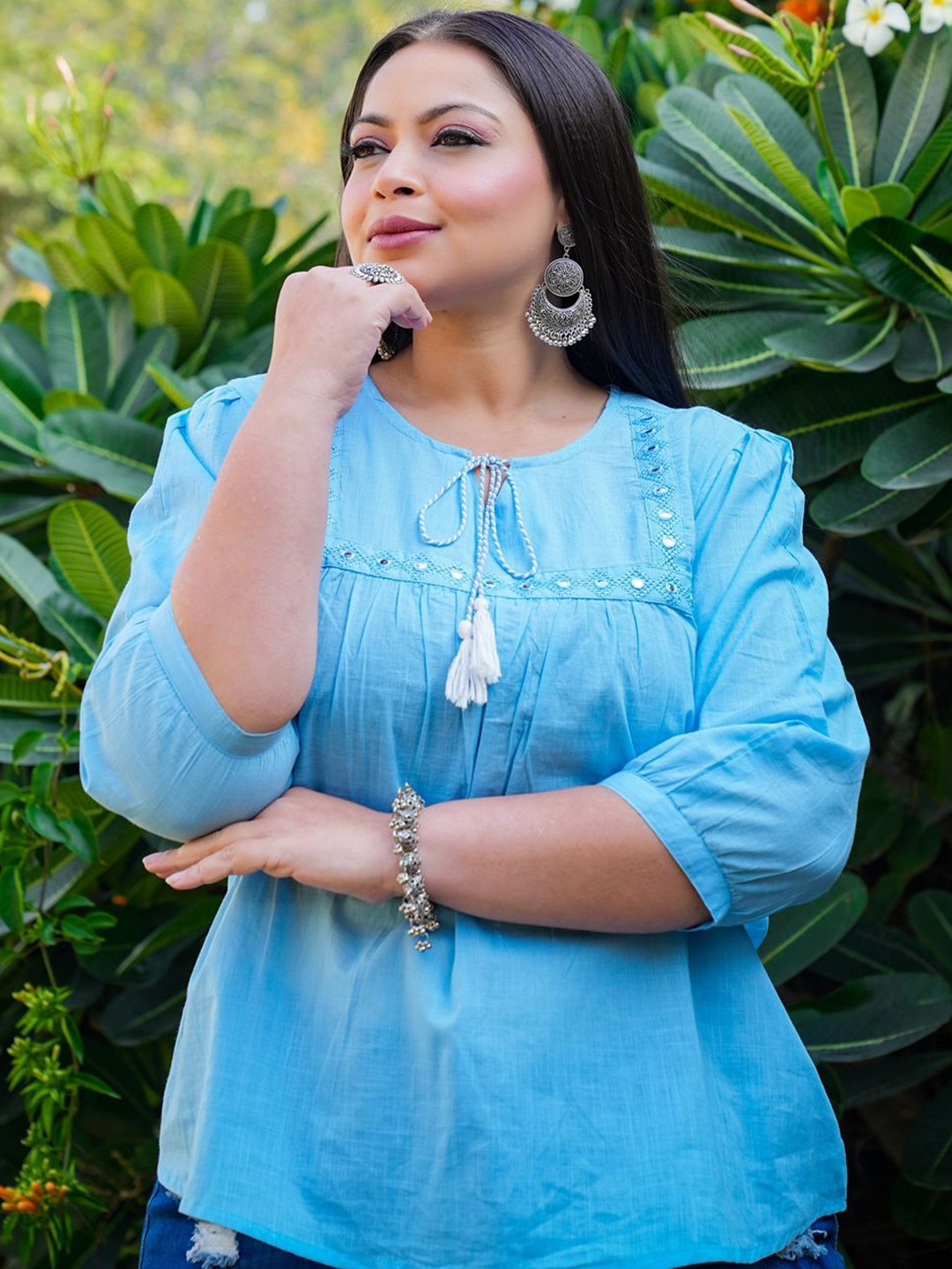 

YASH GALLERY Embroidered Keyhole Neck Cotton Top, Blue