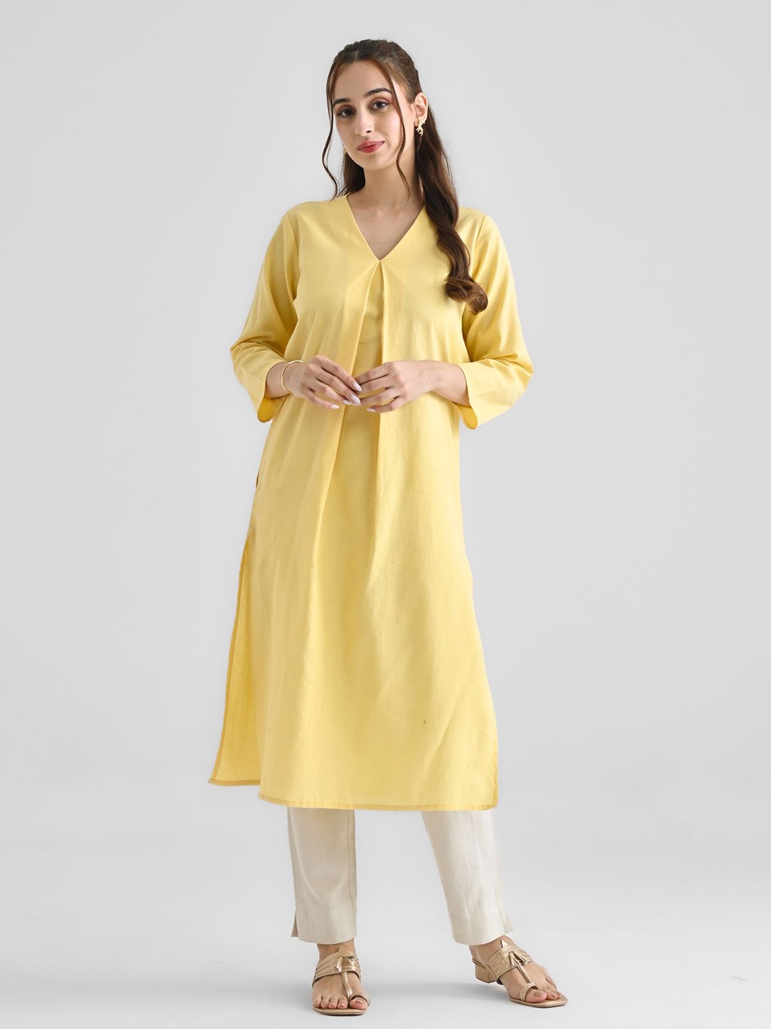 

Rustorange Women Thread Work Kurta, Yellow