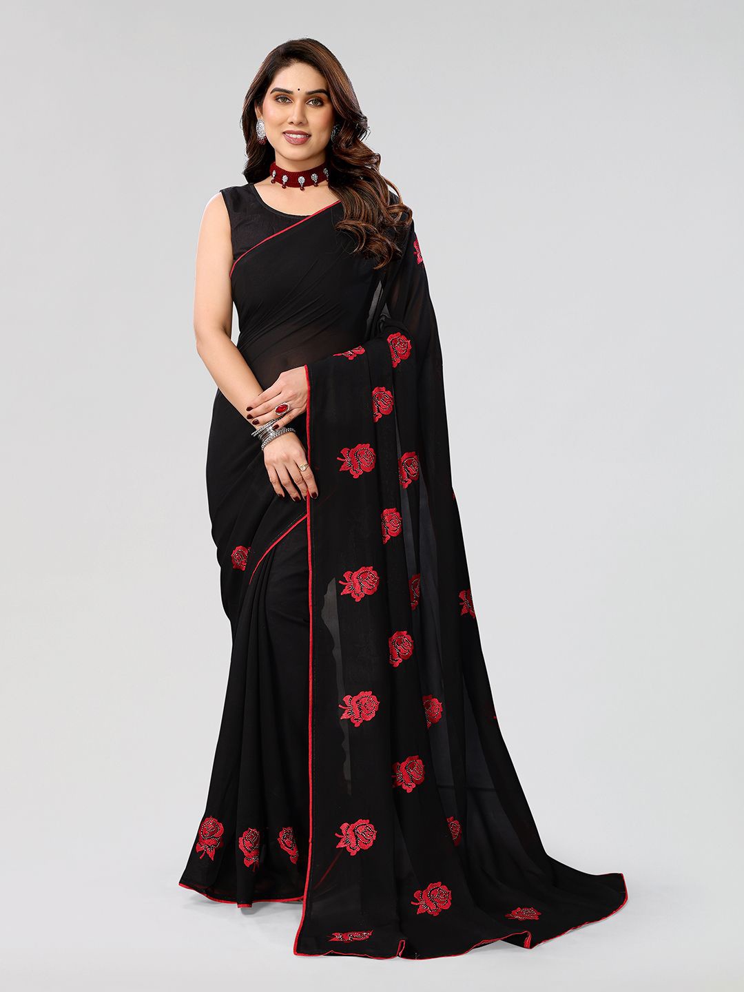

ANAND SAREES Floral Embroidered Poly Chiffon Saree, Black