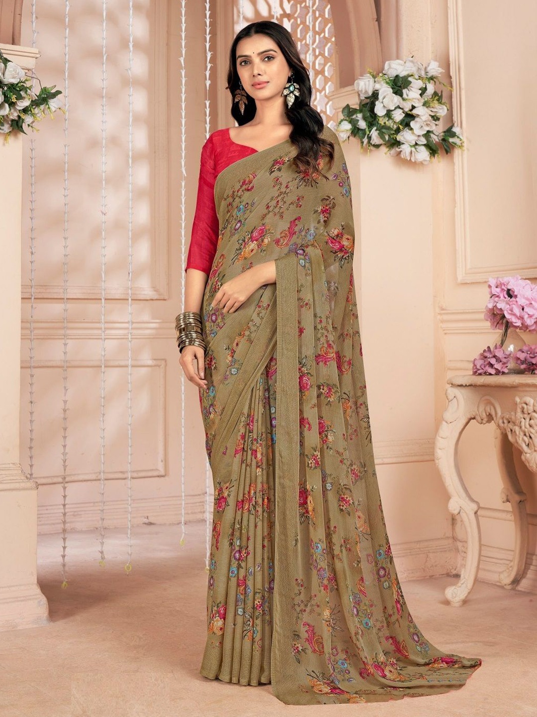 

Reboot Fashions Floral Pure Chiffon Saree, Beige