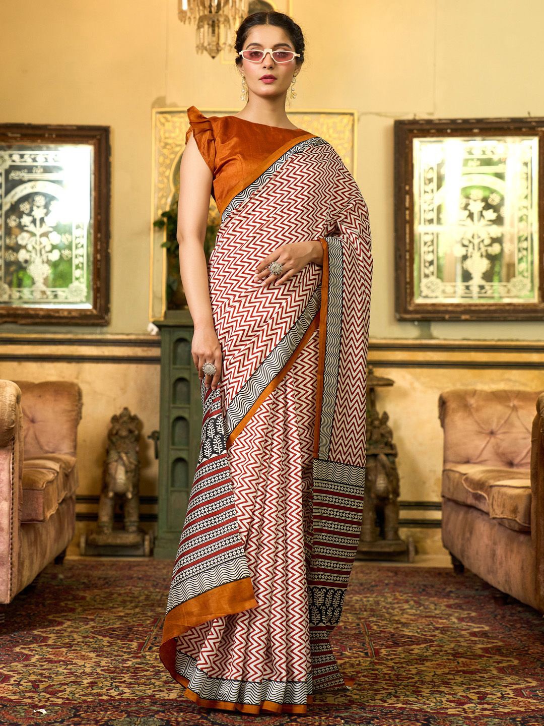 

Saree mall Art Silk Block Print Sarees, Off white