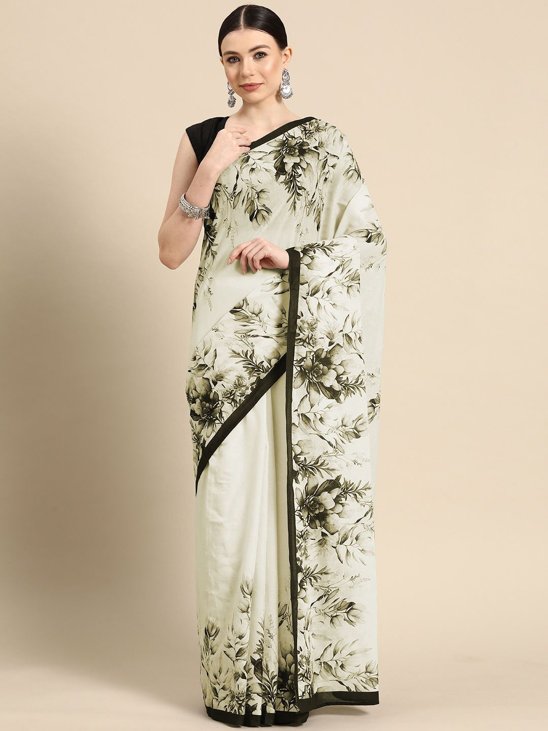 

BUTA BUTI Floral Pure Cotton Saree, Olive