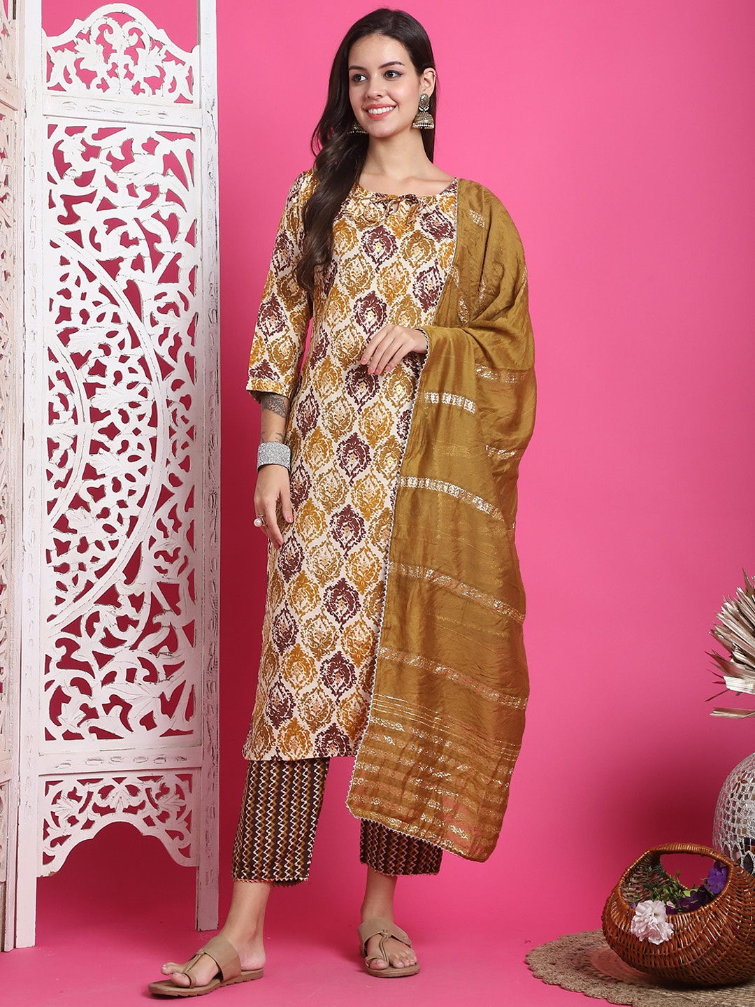 

Rajnandini Ethnic Motifs Printed V Neck Straight Kurta With Trousers & With Dupatta, Mustard