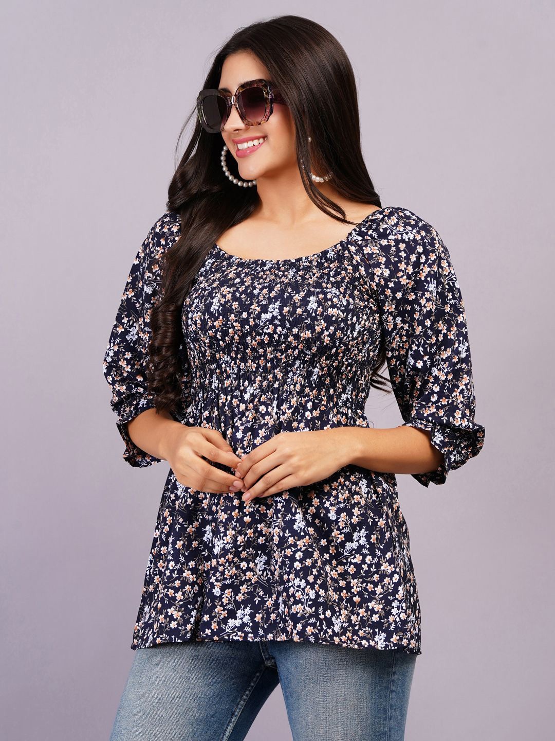 

HIGHLIGHT FASHION EXPORT Women Floral Printed Smocked Round Neck Top, Navy blue