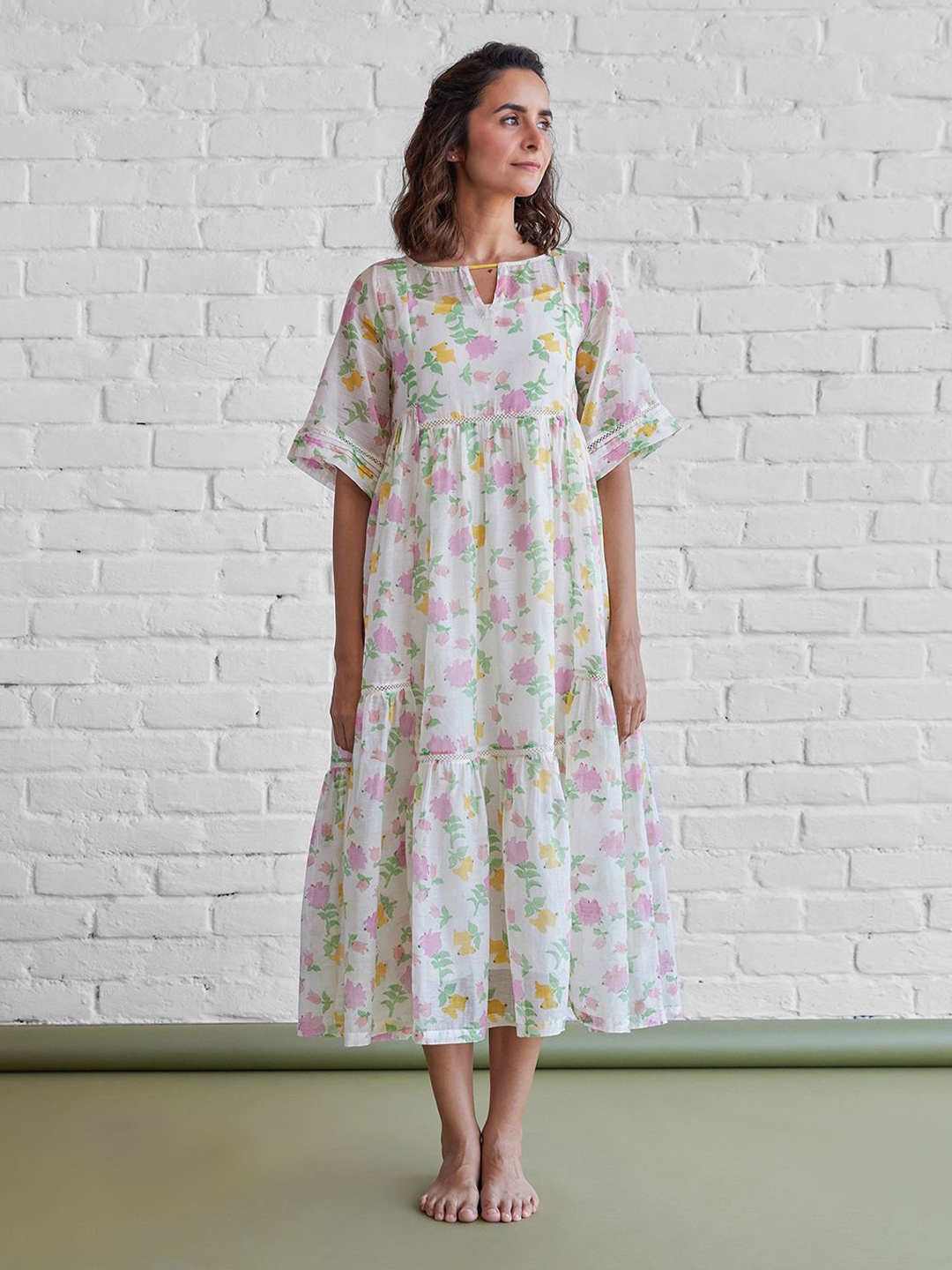 

The Yellow Bow Floral Printed Keyhole Neck A-Line Midi Dress