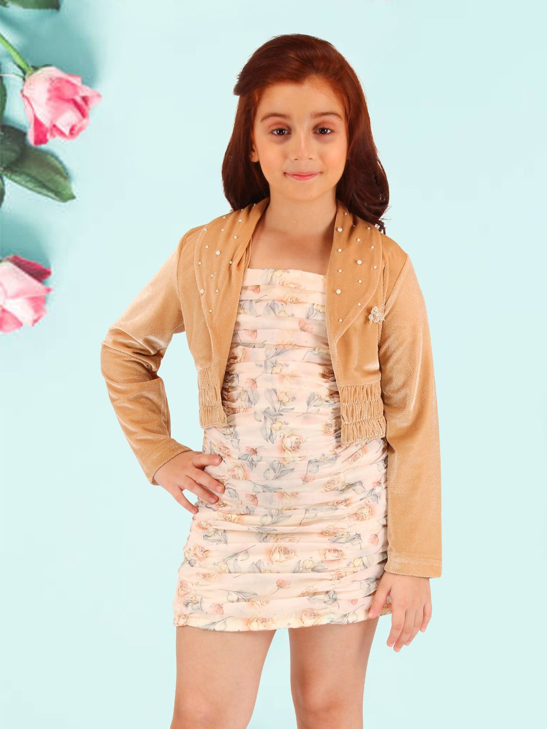 

CUTECUMBER Floral Print Applique Velvet Sheath Dress, Beige