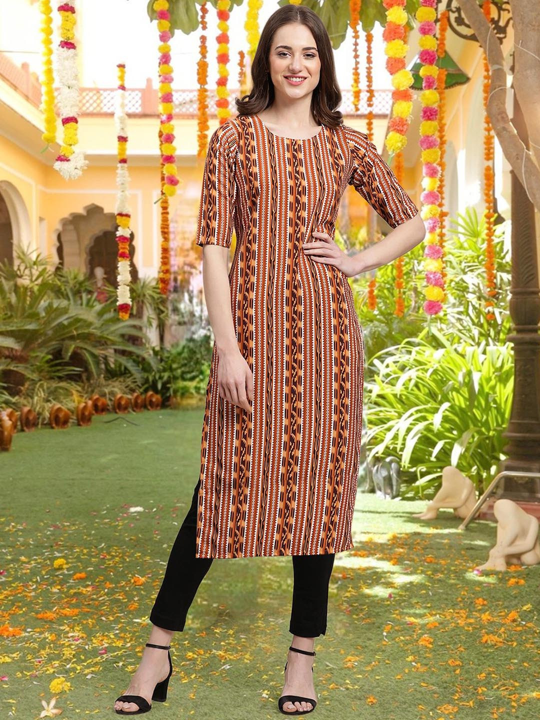 

7Threads Geometric Printed Round Neck Straight Kurta, Yellow