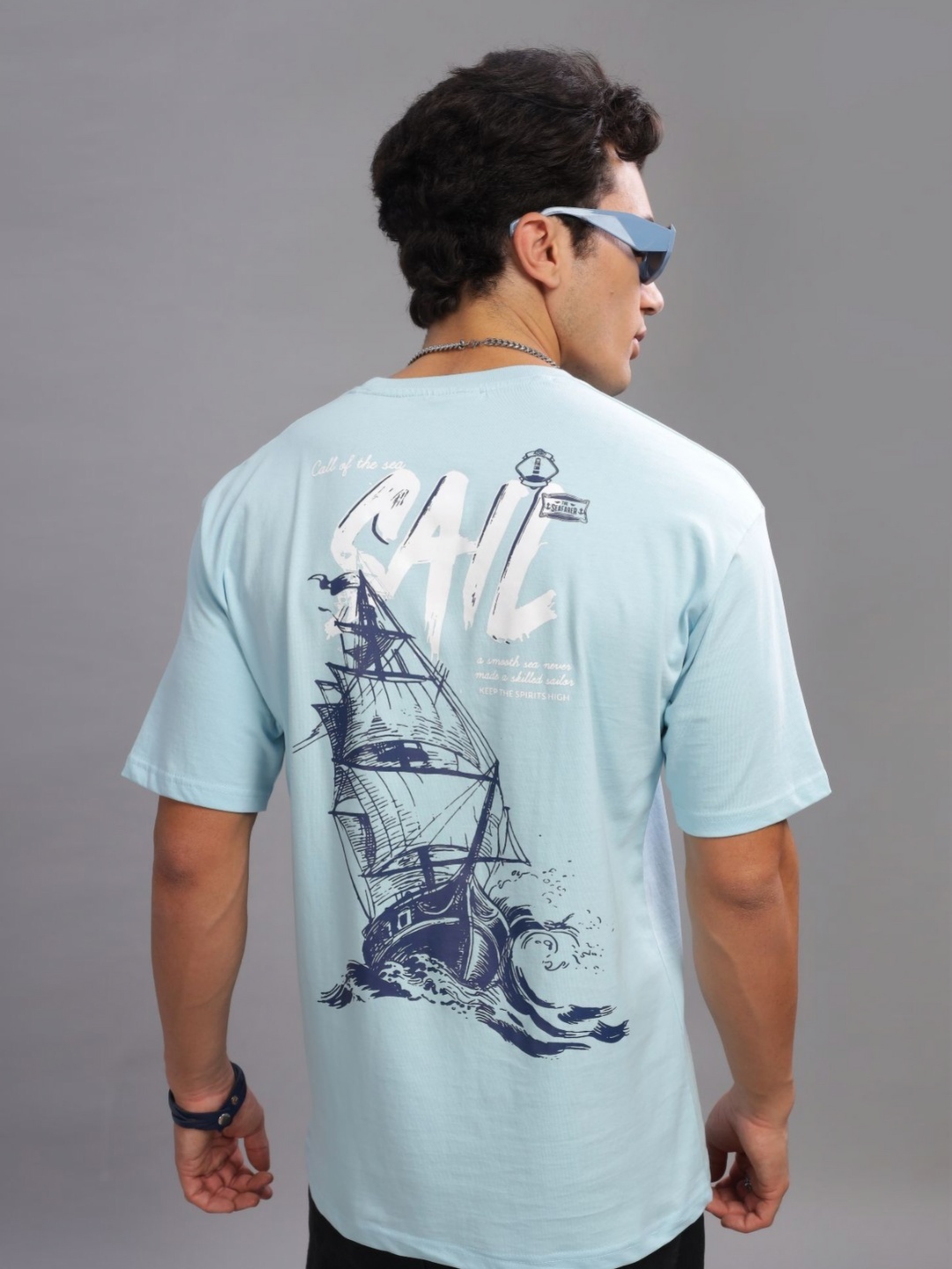 

ADRO Men Graphic Printed Round Neck Cotton Oversized T-shirt, Blue
