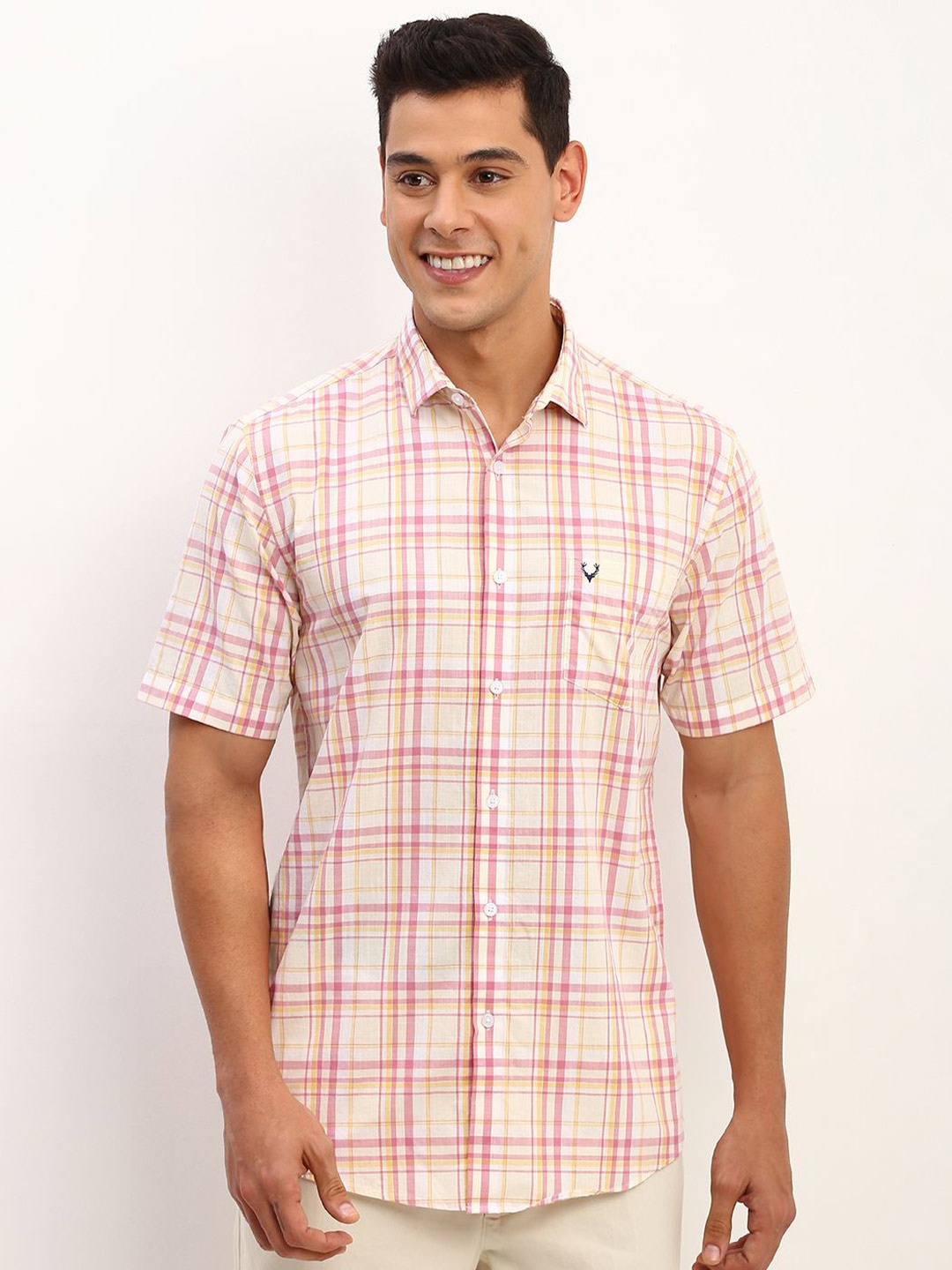 

Allen Solly Men Spread Collar Tartan Checked Cotton Slim Fit Casual Shirt, Cream