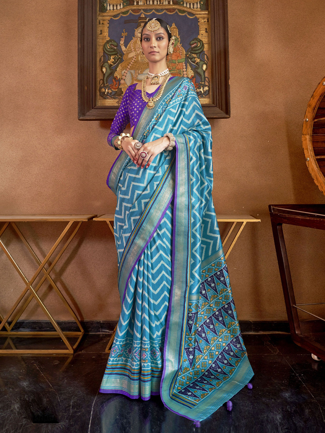 

KIMISHA Striped Patola Saree, Blue