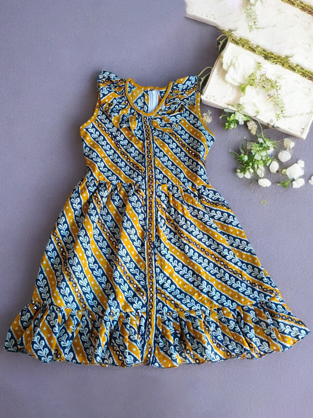 

LYTIX Floral Print Flared Sleeve Ruffled Fit & Flare Dress, Mustard