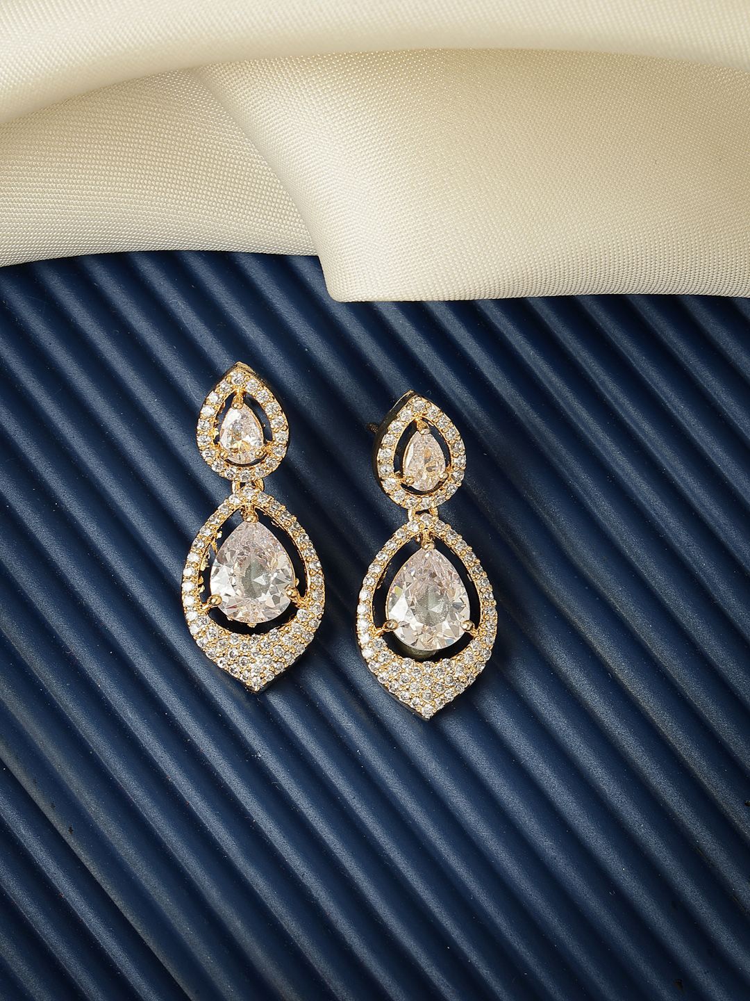 

ZENEME 18K Gold Plated Teardrop Shaped American Diamond Studded Drop Earrings, White