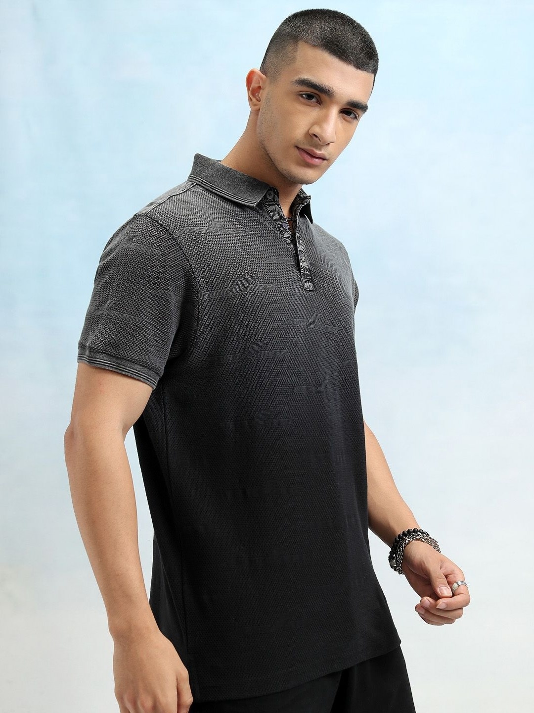 

HIGHLANDER Men Self Design Polo Collar Cotton Slim Fit T-shirt, Black