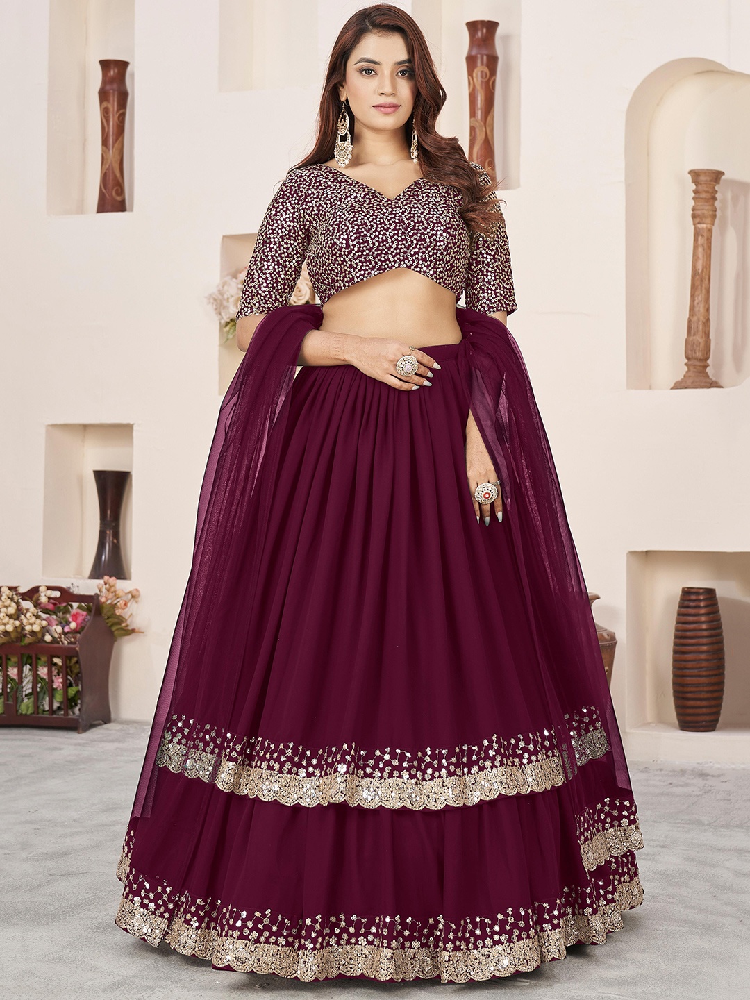 

FABPIXEL Embroidered Sequinned Semi-Stitched Lehenga & Unstitched Blouse With Dupatta, Purple