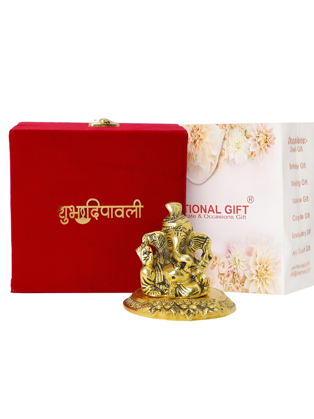 

INTERNATIONAL GIFT Gold Toned Pagdi Ganesh Showpiece with Happy Diwali Tag and Velvet Box