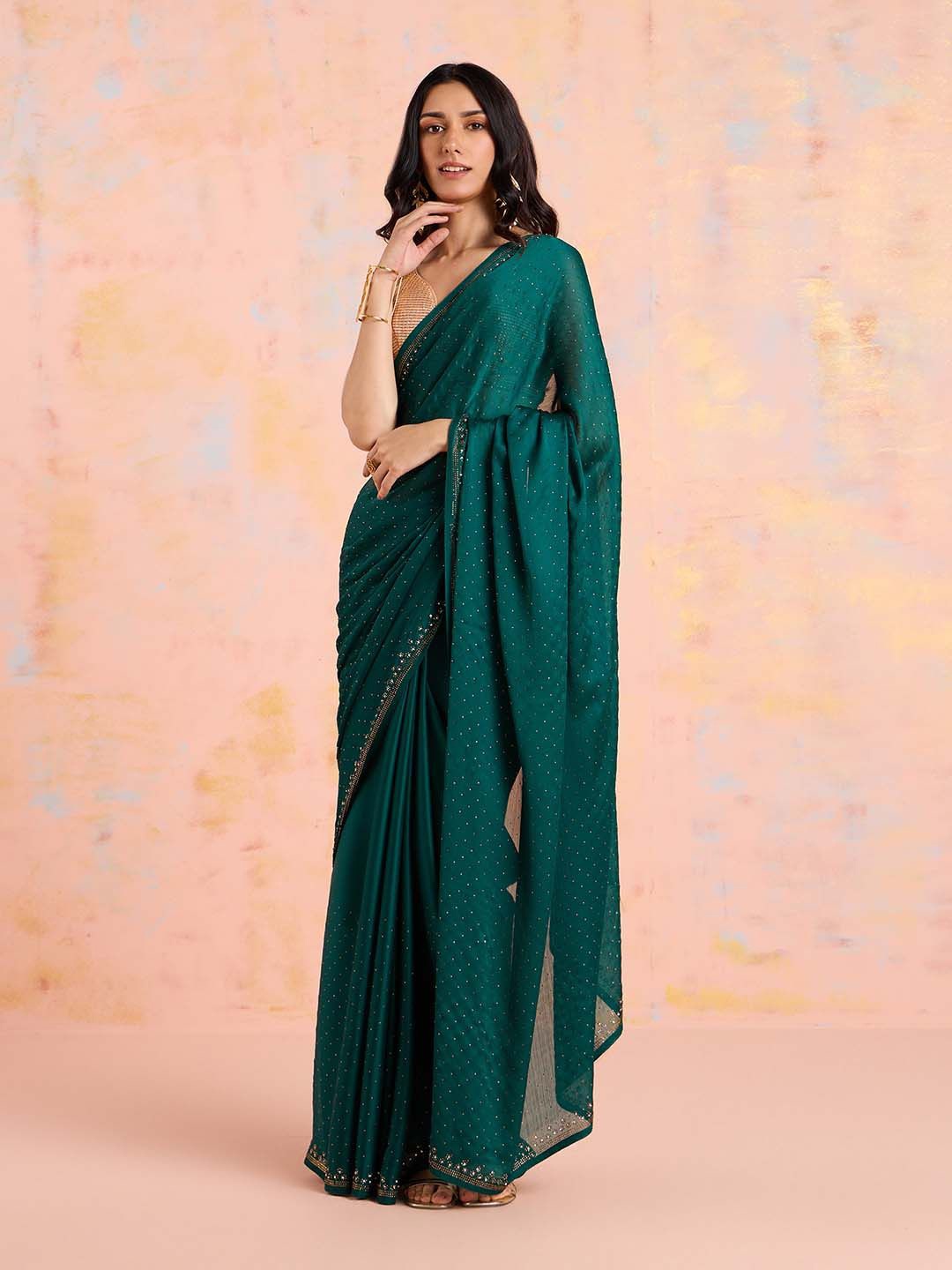 

Likha Beads and Stones Satin Saree, Green