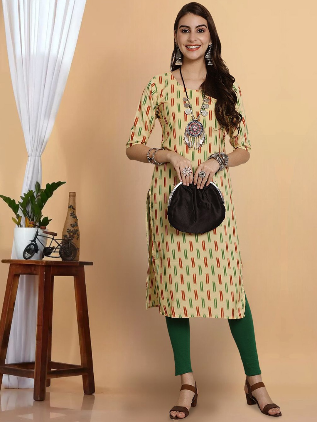 

7Threads Geometric Printed Round Neck Crepe Straight Kurta, Yellow