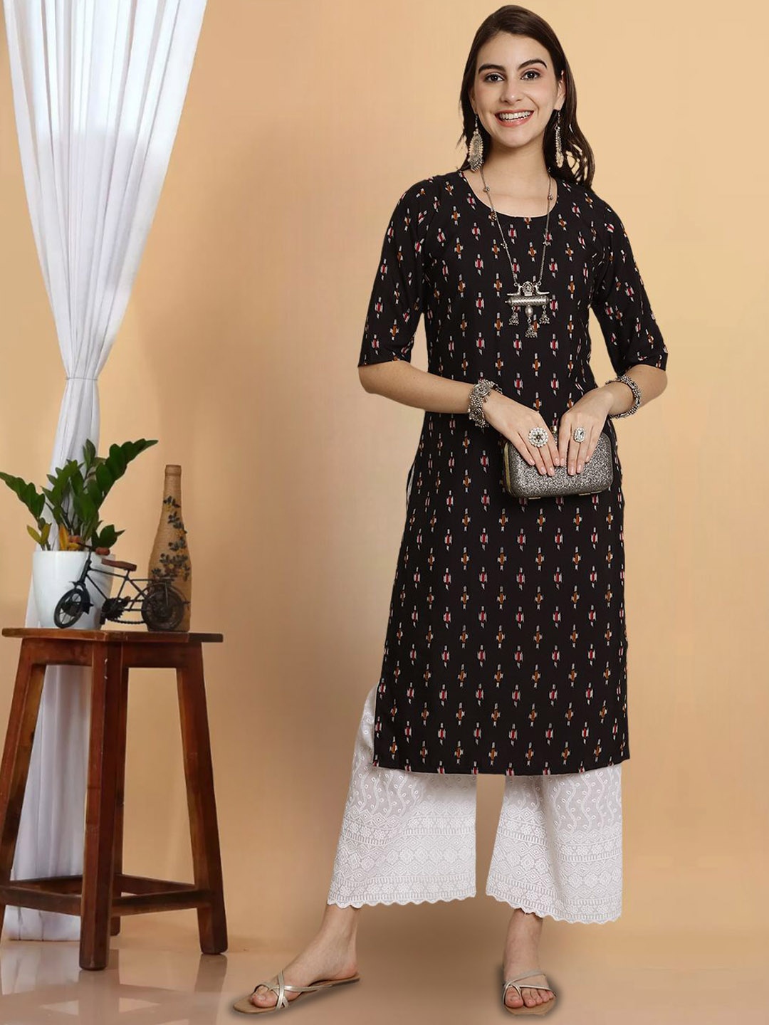 

7Threads Geometric Printed Straight Kurta, Black