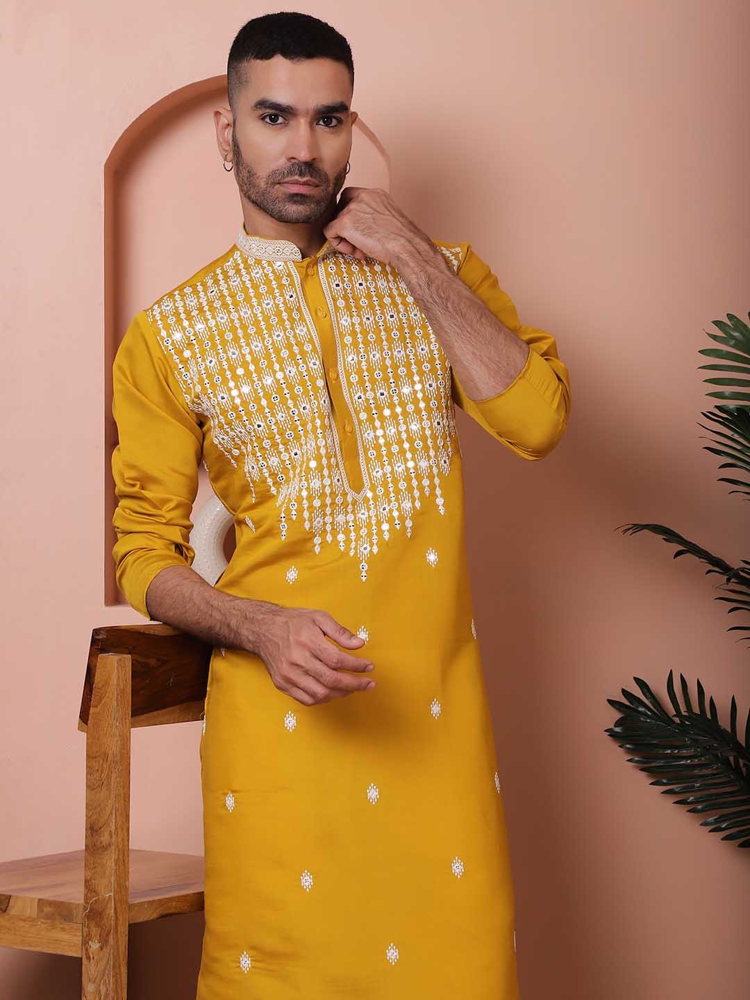 

Jompers Embroidered Mandarin Collar Long Sleeves Kurta with Pyjamas, Mustard