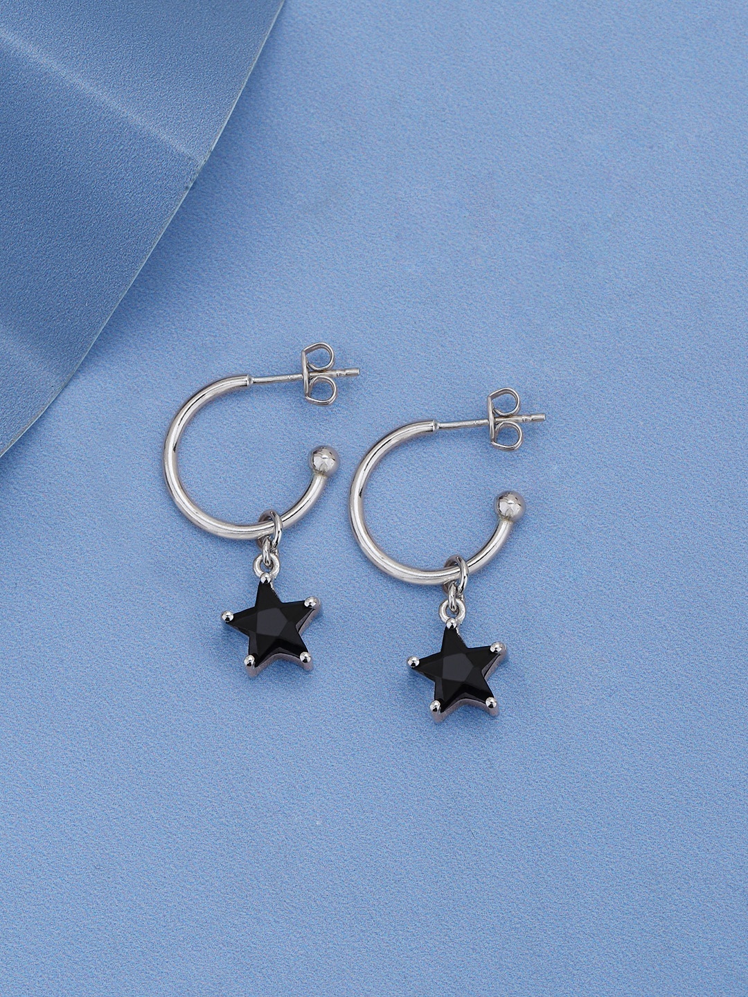 

Carlton London Rhodium Plated Dangling Star Half Hoop Earrings, Silver