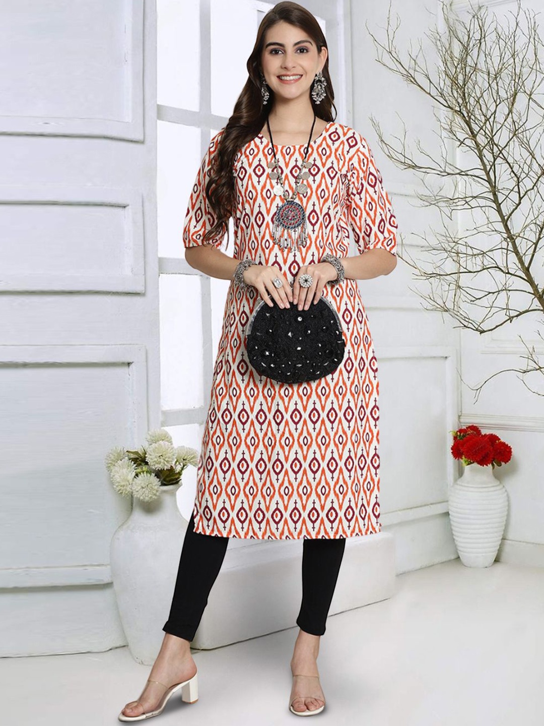 

7Threads Ethnic Motifs Printed Round Neck Crepe Straight Kurta, White