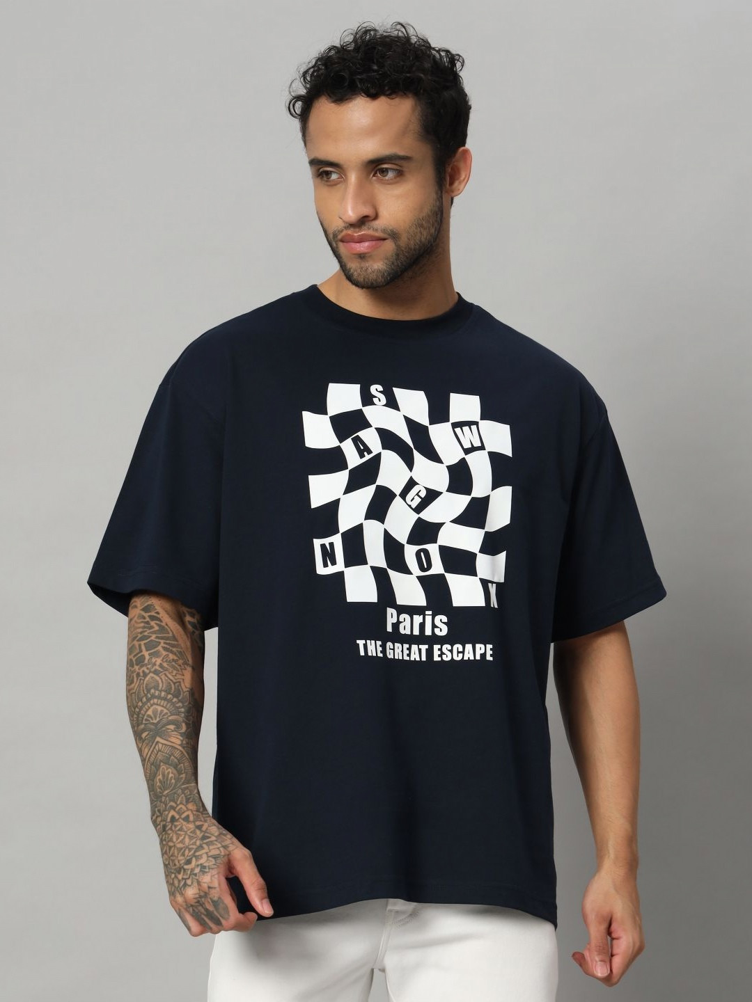 

SWAGNOX Men Graphic Printed Round Neck Cotton Oversized T-shirt, Navy blue