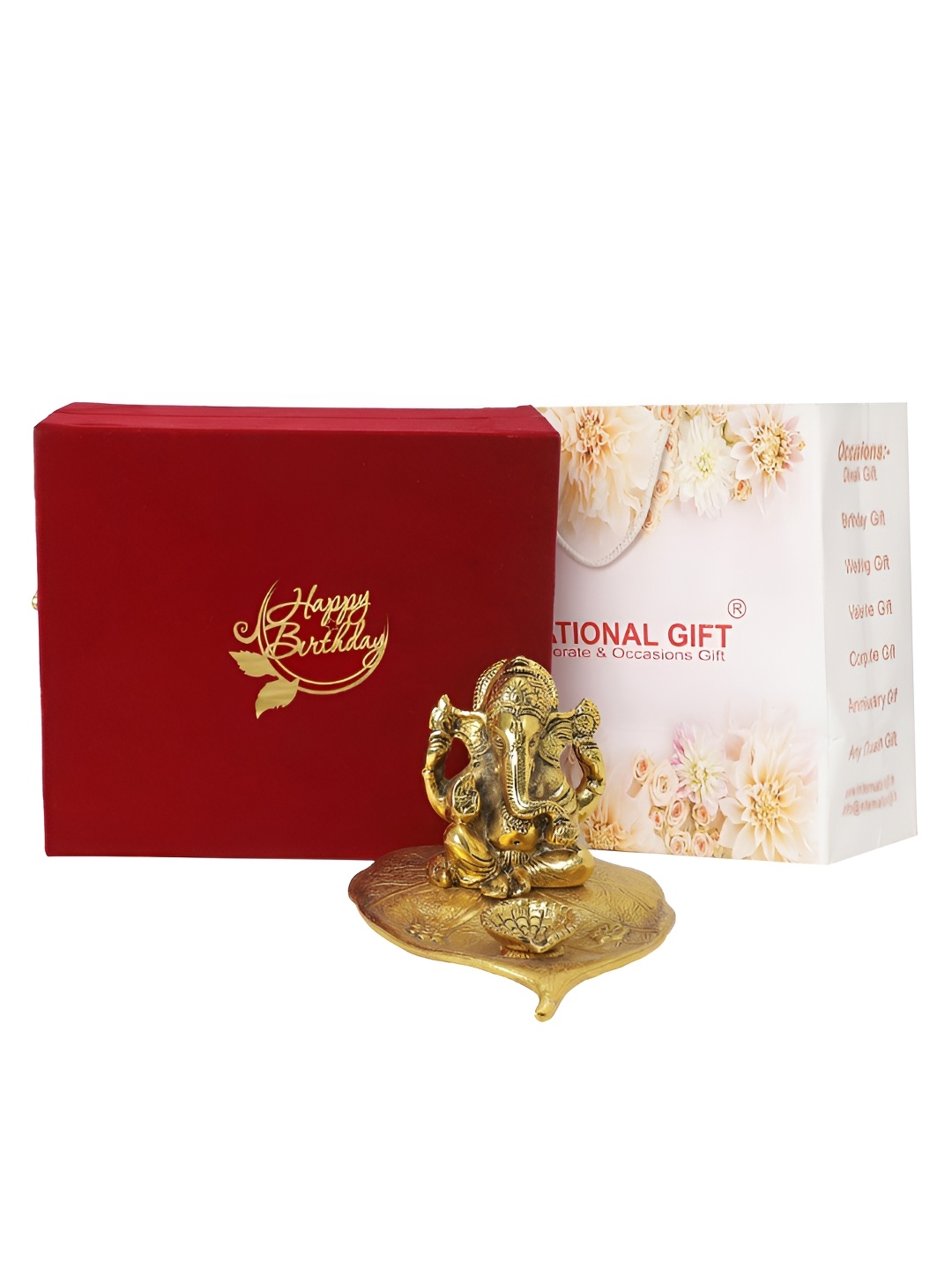 

INTERNATIONAL GIFT GoldToned and Red Brass Patta Ganesh God Religious Idol With Velvet Box, Gold