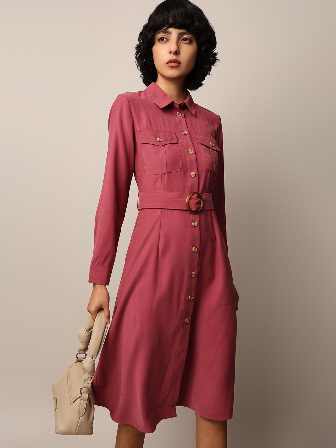 

ONLY Women Flared Shirt Collar Shirt Dress, Pink