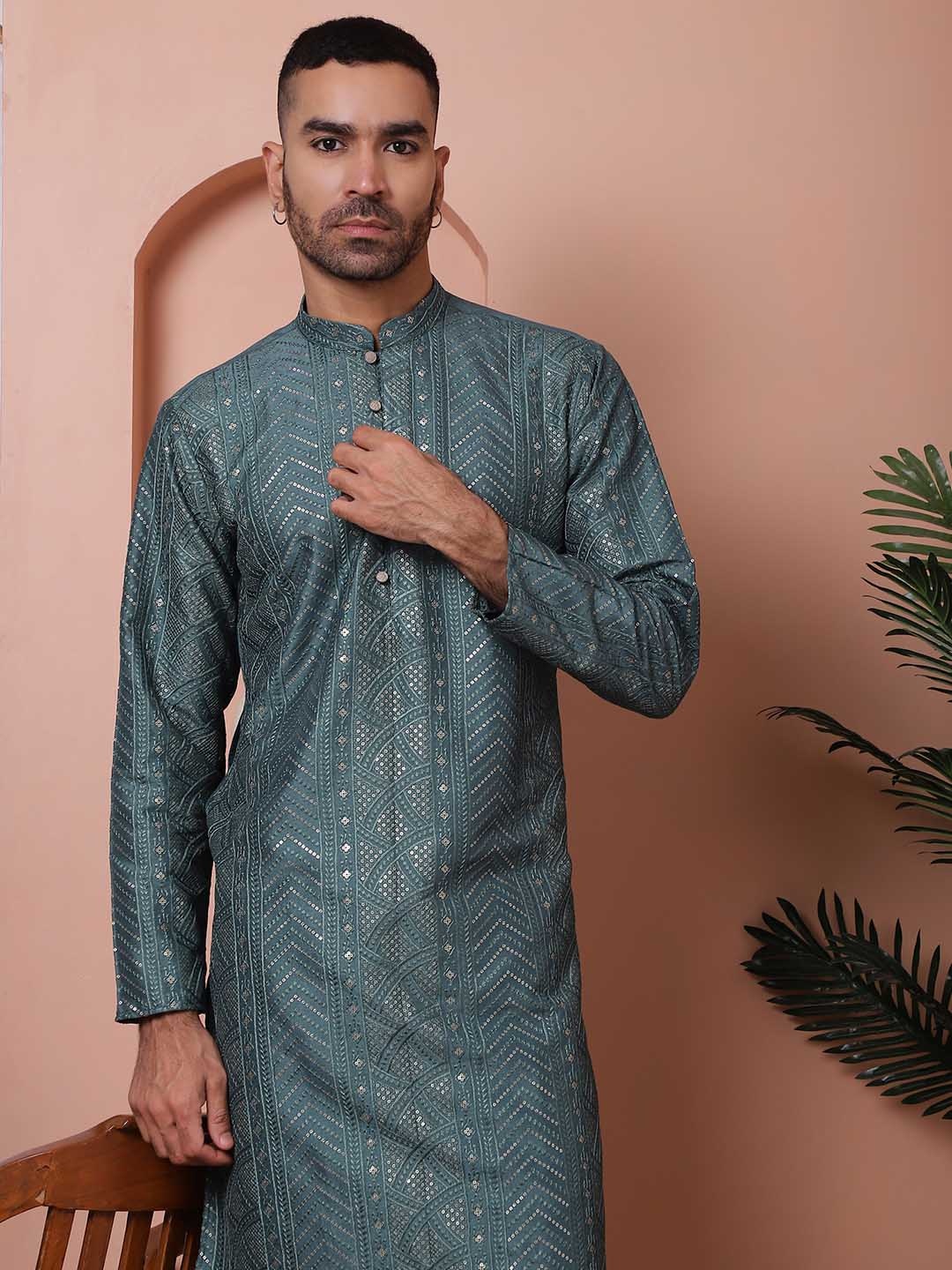 

Jompers Embroidered Regular Sequinned Kurta with Pyjamas, Teal